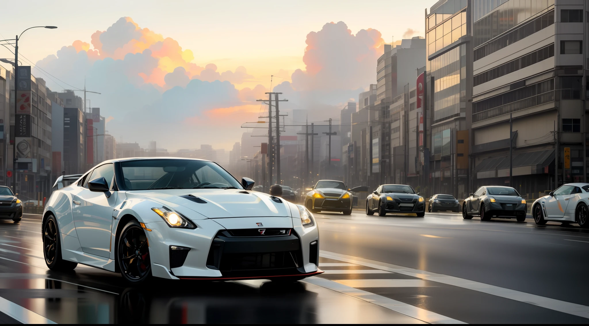 car pictures, perfect look, supercar, complex, (metal [gloss]), elegant, sharp focus, photo by Gregg Rutkowski, soft lighting, vivid colors, masterpiece, (street)), dynamic, combining Nissan GTR35 and Fairlady Z, clouds, Shibuya intersection, foggy, atomsphere, halo shines,