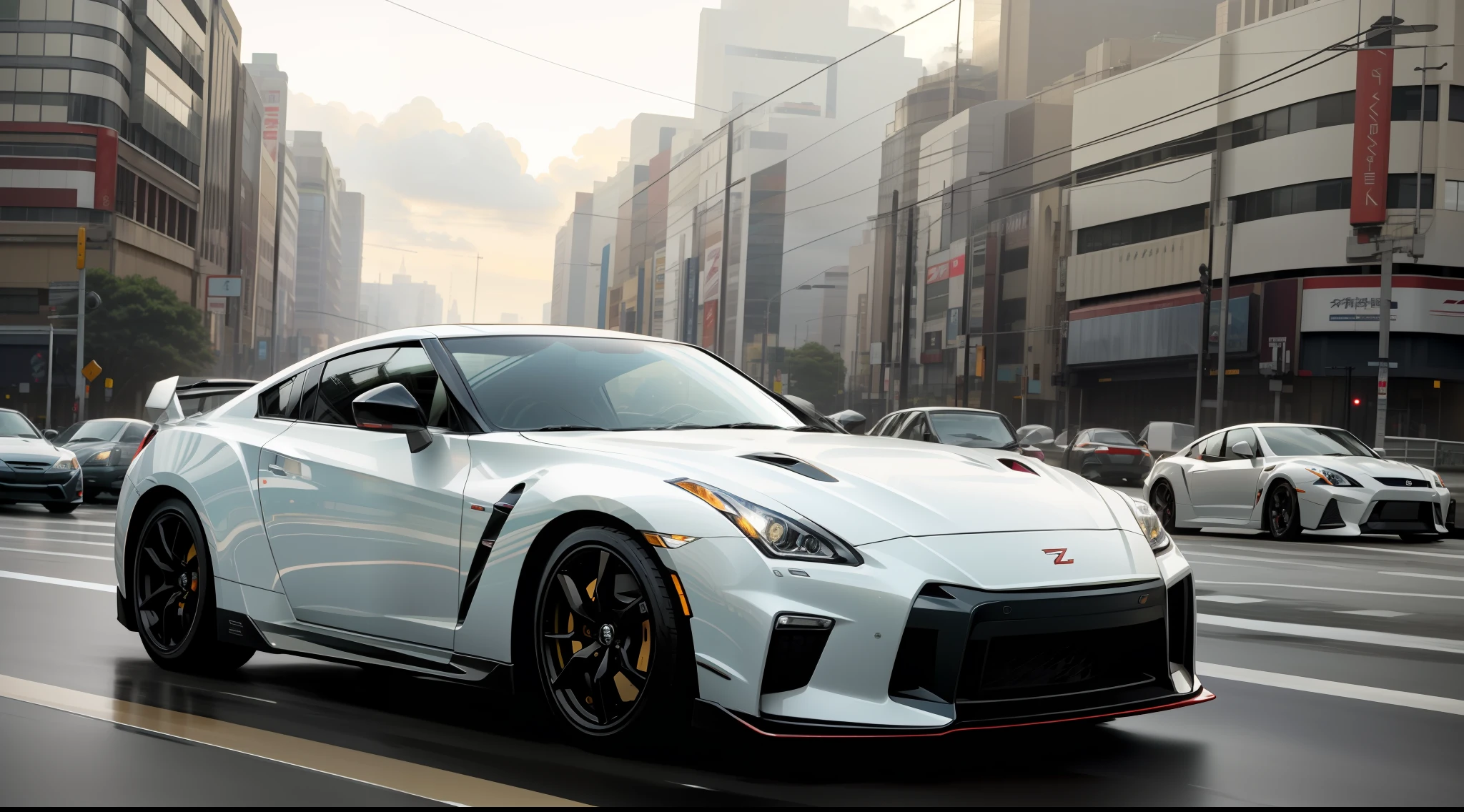 car pictures, perfect look, supercar, complex, (metal [gloss]), elegant, sharp focus, photo by Gregg Rutkowski, soft lighting, vivid colors, masterpiece, (street)), dynamic, combining Nissan GTR35 and Fairlady Z, clouds, Shibuya intersection, foggy, atomsphere, halo shines,