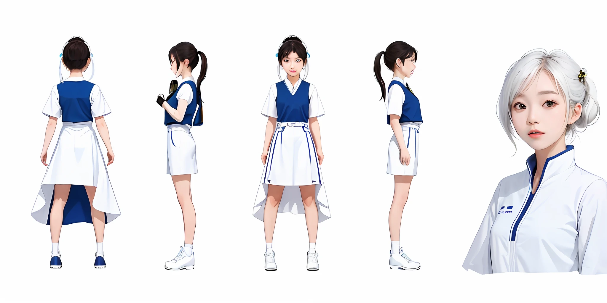solo,(simple background,white background:1.3),multiple views,full body,a 25-year-old woman,Asians, charturnerv2,charturnbetalora,