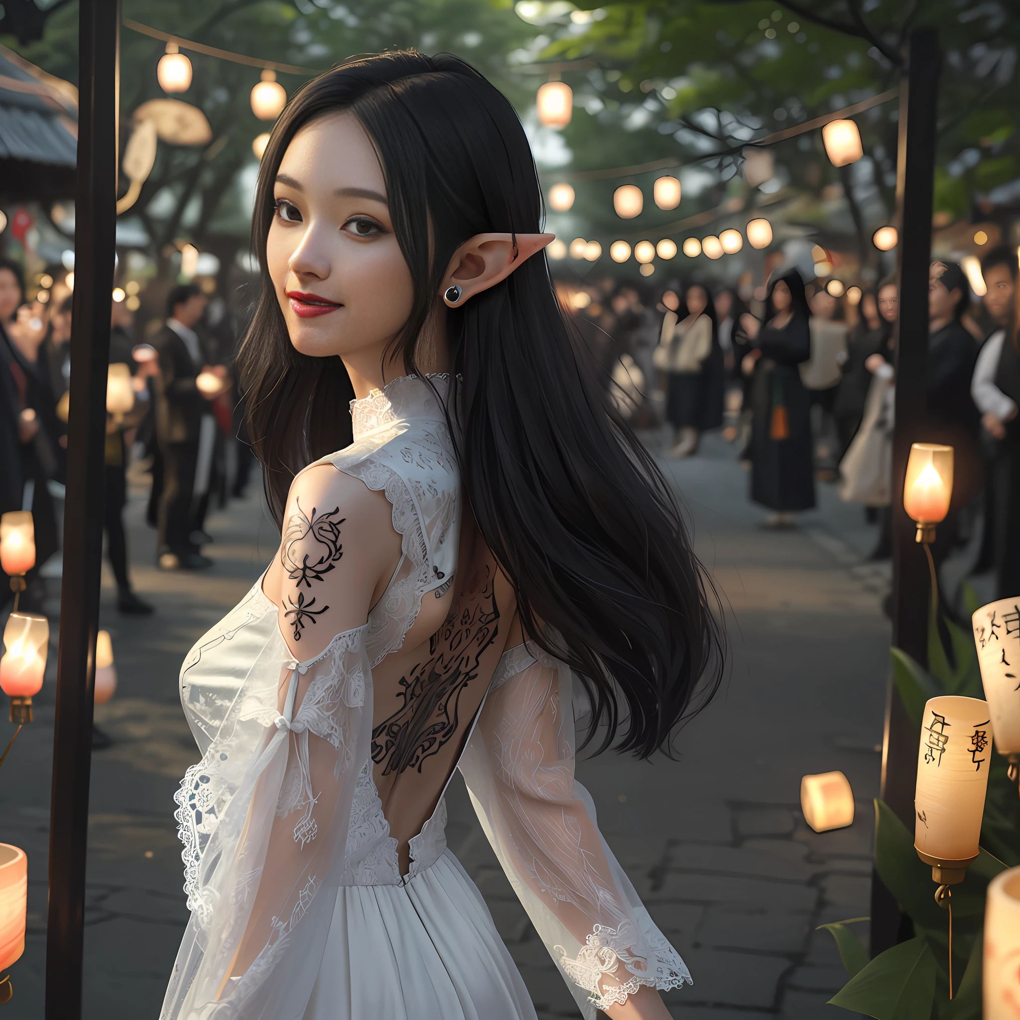 (Best Quality, Masterpiece: 1.4), (Realism: 1.2), (Absurdity: 1.2), 4K, Detailed, Ultra Detailed, Detailed Face, (Ultra Detailed Eyes: 1.2), Beauty, Cheongsam, Openwork, Lace, (Naked Back: 1.3), Smile, High Split End, Long Legs, Look Far, Sideways, Floating Long Black Hair, Point Ears, Elf Ears, Mysterious Tattoos, Walking Street, Lanterns, Candles