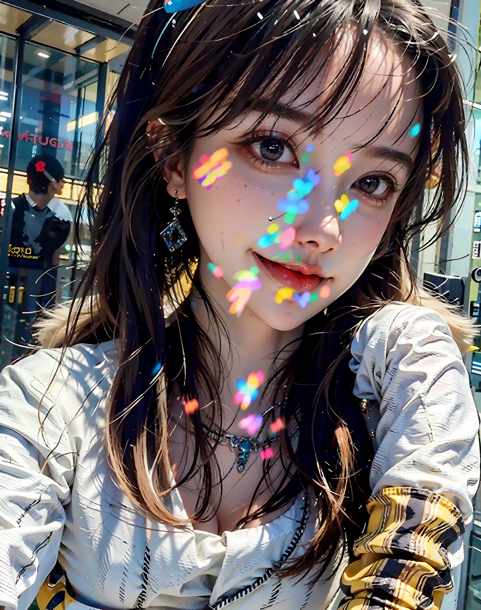 8k,(RAW photo),(best quality), (photo-realistic:1.4),realistic skin texture 1girl,Cute,Double eyelid,bangs,full body,petite,Thin leg,(Slender figure),slim,smile,headgear,earrings,necklace,looking at looking at viewer,face focus,depth of field,club ,(Bust Up Shot:1),Bokeh,