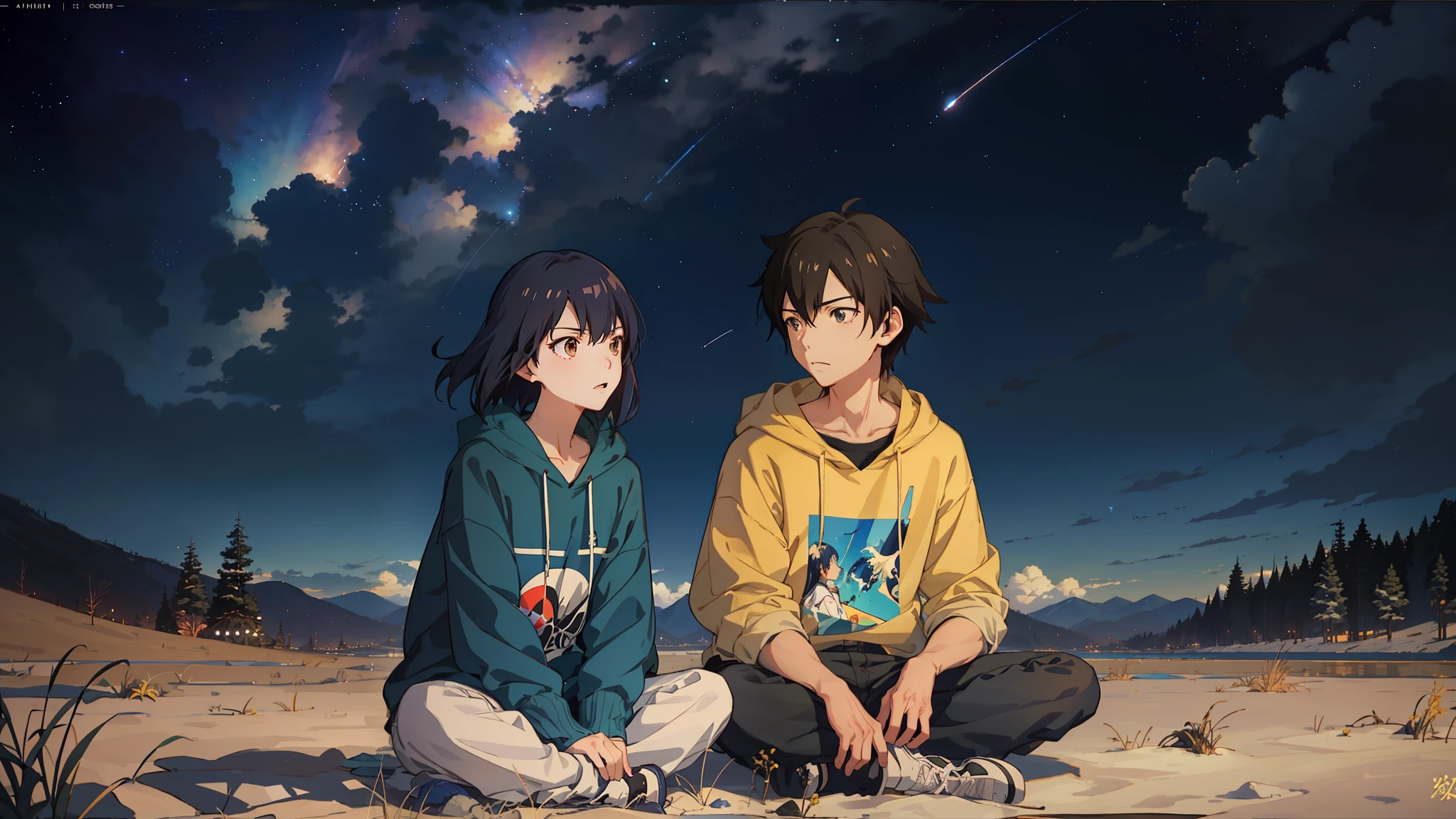 anime boy and girl sitting on the ground looking at the stars, guweiz and makoto shinkai, anime cover, yusuke murata and makoto shinkai, tatami galaxy, ( ( makoto shinkai ) ), sakimichan and makoto shinkai, fiona staples and makoto shinkai, moebius and makoto shinkai