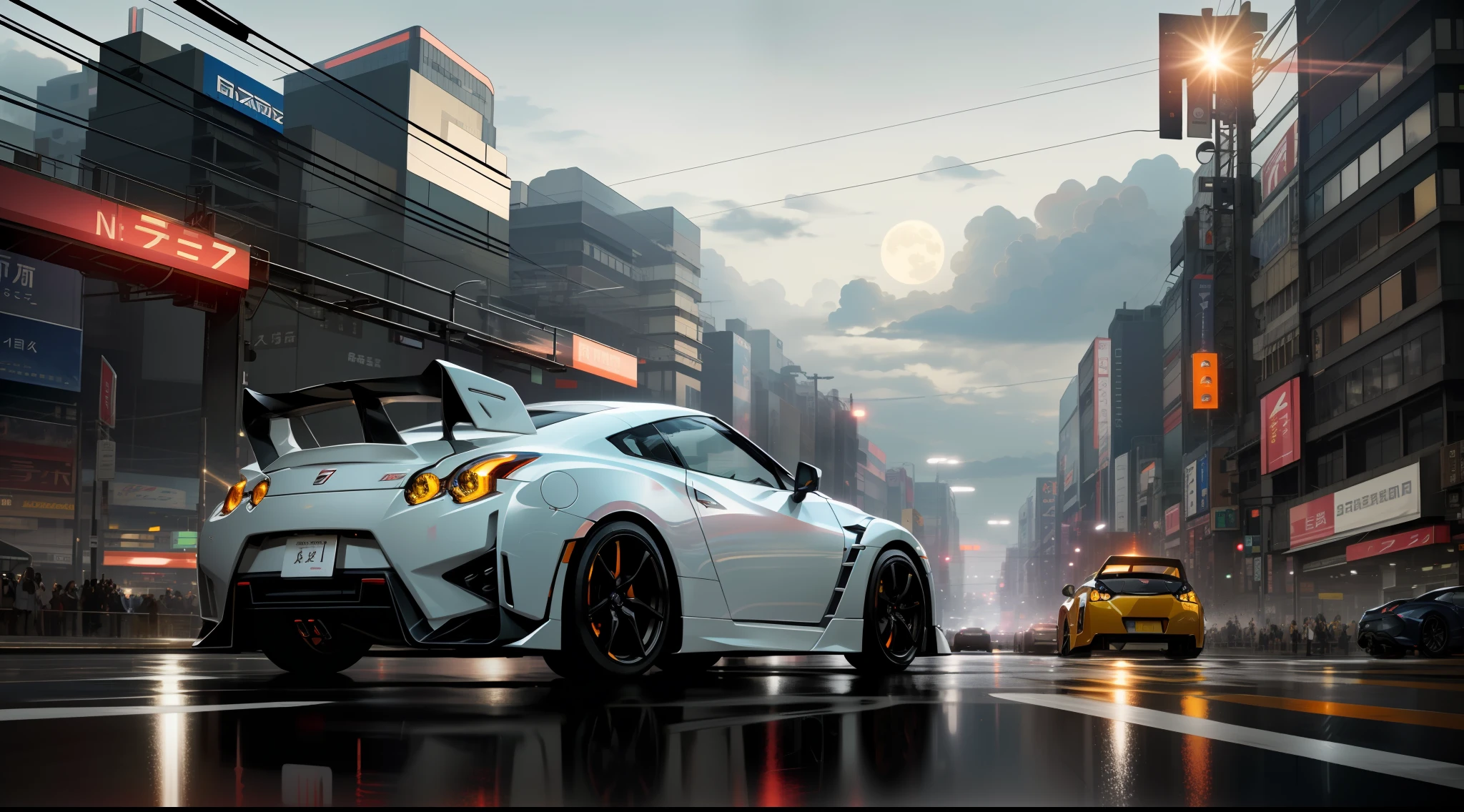 car pictures, perfect look, supercar, complex, (metal [gloss]), elegant, sharp focus, photo by Greg Rutkowski, soft lighting, vivid colors, masterpiece, (street)), dynamic, Nissan GTR35 and Fairlady Z combined, clouds, Shibuya intersection, foggy, atomsphere, night view and neon light sparkling view, full moon and lens flare,