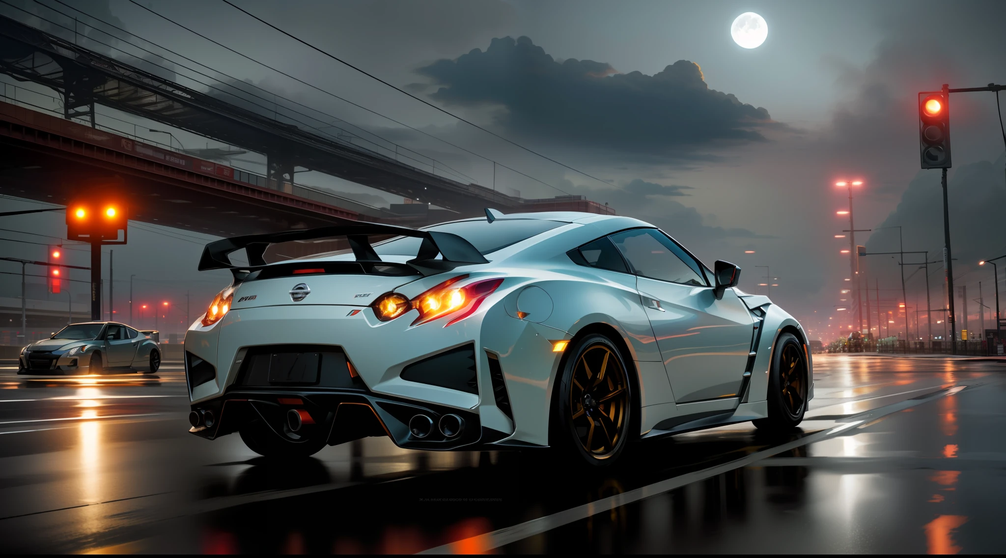 car pictures, perfect look, supercar, complex, (metal [gloss]), elegant, sharp focus, photo by Greg Rutkowski, soft lighting, vivid colors, masterpiece, (street)), dynamic, Nissan GTR35 and Fairlady Z combined, clouds, Shibuya intersection, foggy, atomsphere, night view and neon light sparkling view, full moon and lens flare,