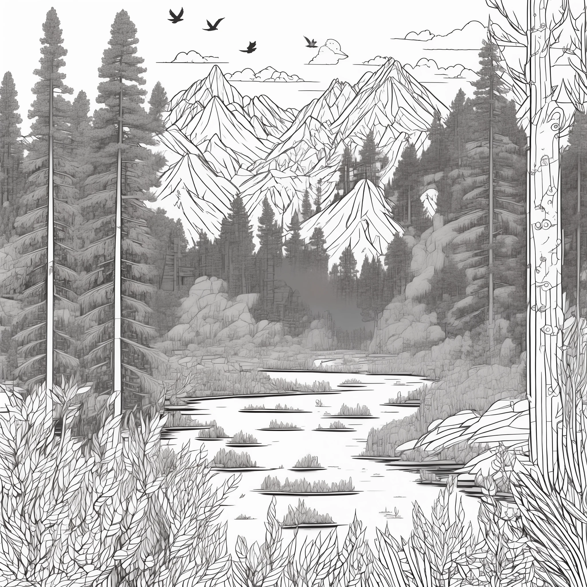 ((A beautiful landscape with a small river running in the valley, a pine forest on the banks of the river, high snowy mountains in the distance, birds flying)), intricate details, thin lines, simple, (white background), line art detailed, full page, on paper, black and white, flowers around, 8k resolution, coloring book for kids, perfecty anatomy, free lines,