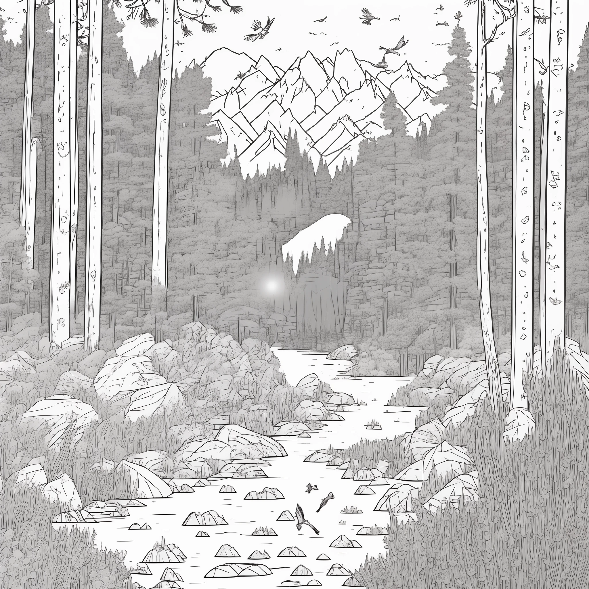 ((A beautiful landscape with a small river running in the valley, a pine forest on the banks of the river, high snowy mountains in the distance, birds flying)), intricate details, thin lines, simple, (white background), line art detailed, full page, on paper, black and white, flowers around, 8k resolution, coloring book for kids, perfecty anatomy, free lines,