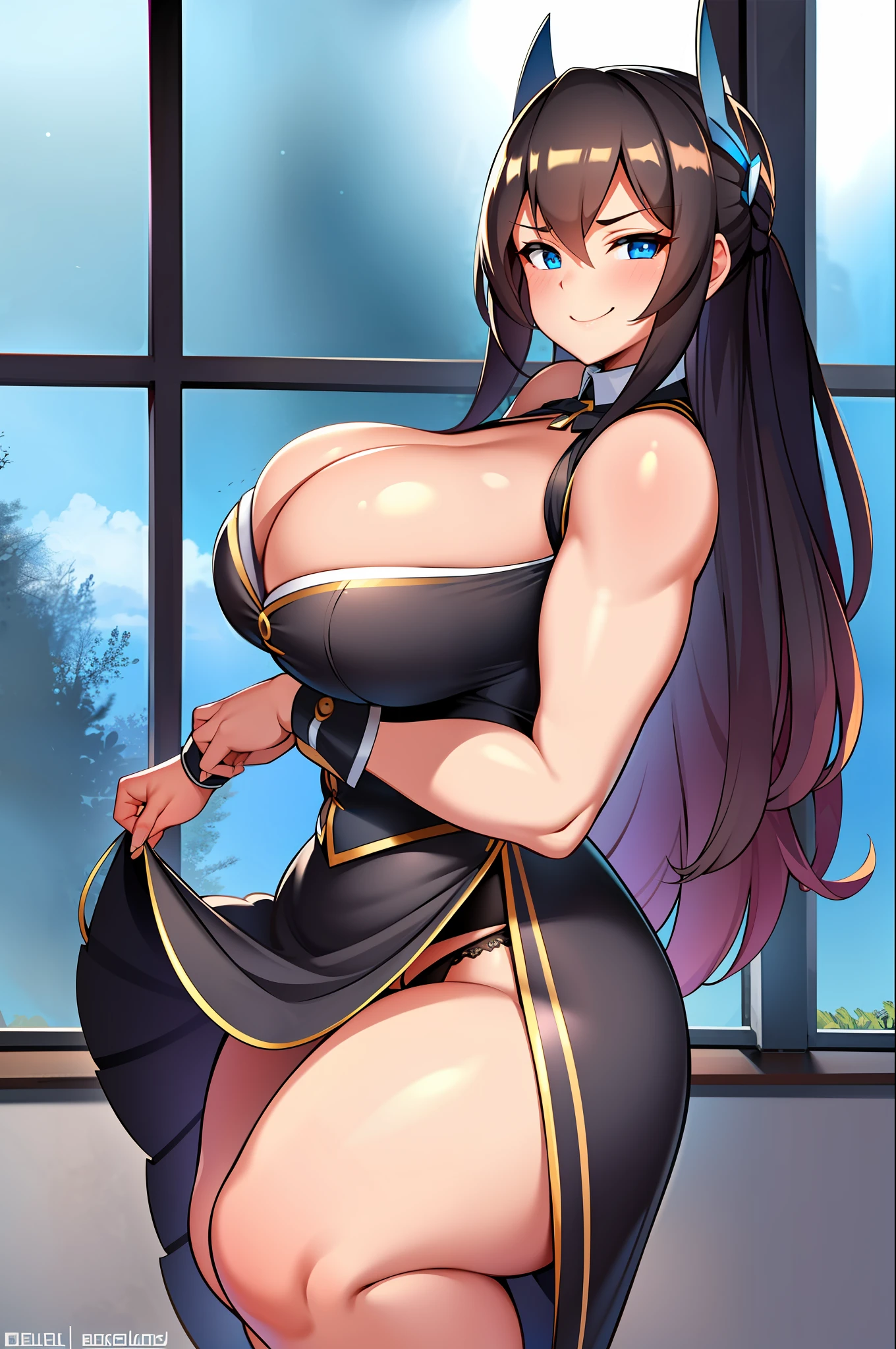 1girl, cleavage, thick thighs, panties, skirt lift, lifting skirt, smug smile, looking at viewer, huge ass
