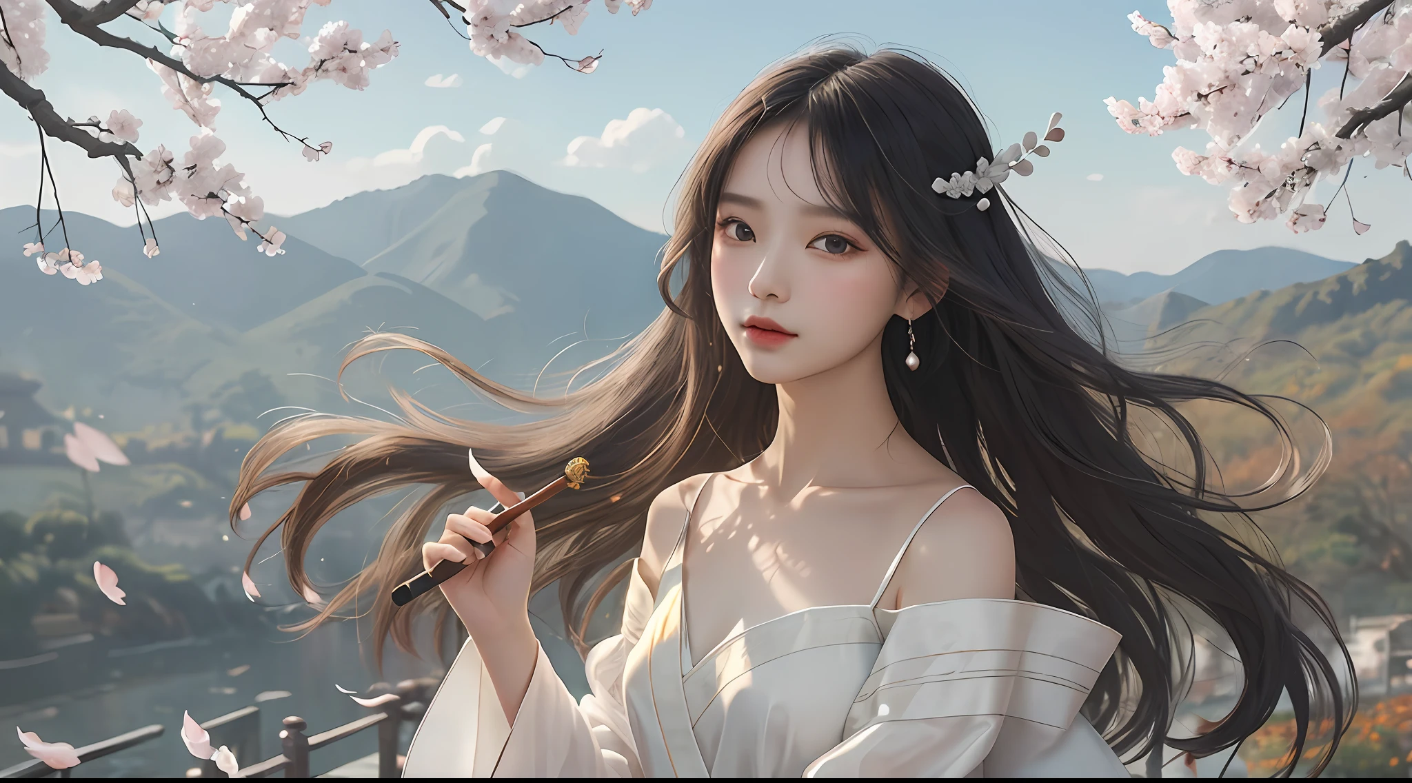 portrait of a girl, (face:1.2), Floating hair, wind, clouds, sunshine, movie light, bangs, face close-up, sky background, oil painting texture, clear hair, light hair, flowers, girls, smiles, bright eyes, single line shoulder, collarbone, shirt, autumn, bare shoulder, bare tree, black hair, branch, cherry blossom, cleavage,coat, (robe:1.21), collarbone, earrings, gray background, hair accessories, Hanfu, Holding a pipe, jewelry, lips, long hair, medium breasts, sitting, solo, tassel, tree, wide sleeves, see through clothes, translucent clothes, silk, Shuke walking horse, negative space, ink painting, standing woman portrait, Willow Branch, (Masterpiece best quality :1.2), traditional Chinese ink painting, model shooting style, peace, looking at the audience, wearing long Hanfu, Song, Willow as background, Ochangshuo, shirt, nsfw whole body, head to toe, natural body, girly feeling, flying hair