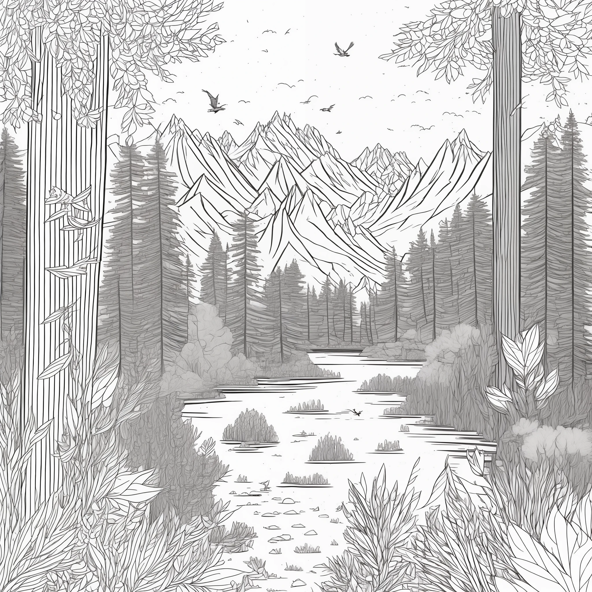 ((A beautiful landscape with a small river running in the valley, a pine forest on the banks of the river, high snowy mountains in the distance, birds flying)), intricate details, thin lines, simple, (white background), line art detailed, full page, on paper, black and white, flowers around, 8k resolution, coloring book for kids, perfecty anatomy, free lines,