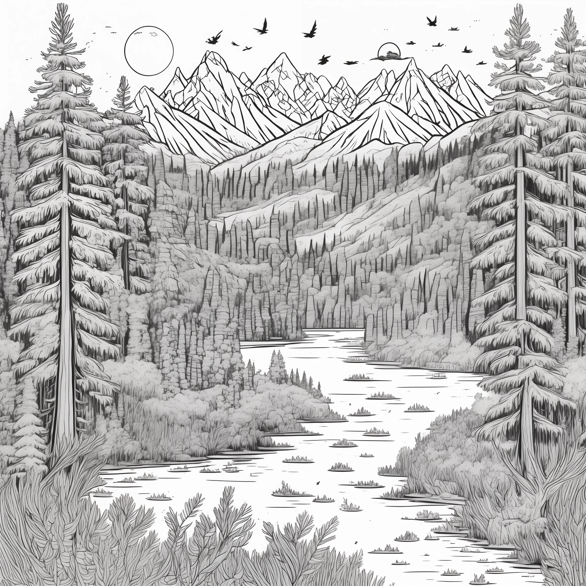 ((A beautiful landscape with a small river running in the valley, a pine forest on the banks of the river, high snowy mountains in the distance, birds flying)), intricate details, thin lines, simple, (white background), line art detailed, full page, on paper, black and white, flowers around, 8k resolution, coloring book for kids, perfecty anatomy, free lines,