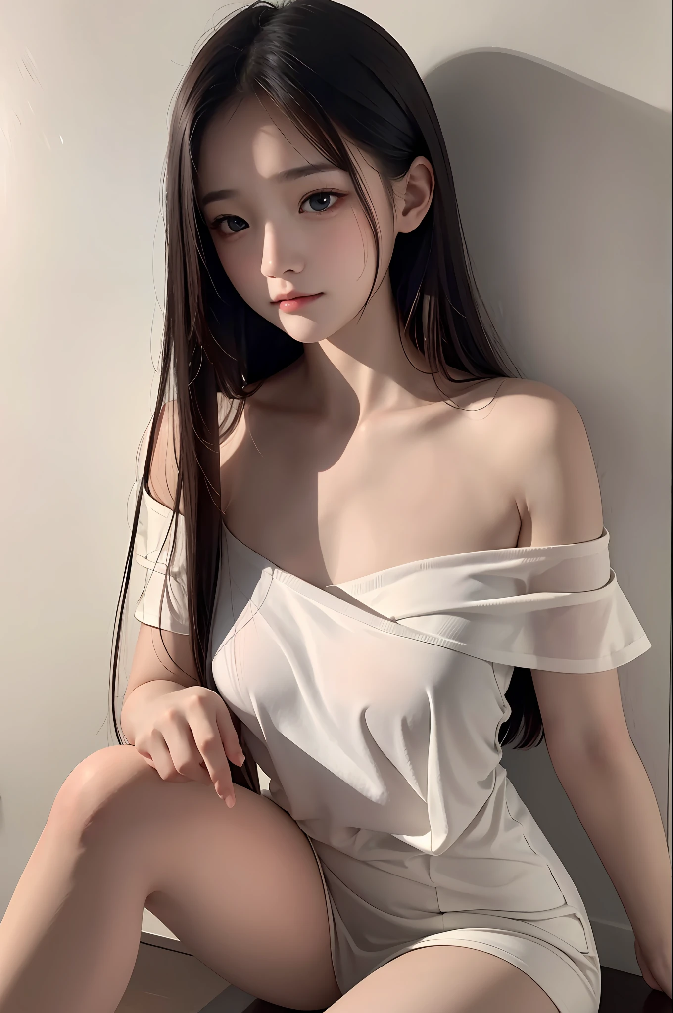 top quality, masterpiece, ultra high resolution, (realistic: 1.4), raw photo, (real skin texture: 1.3), (film grain: 1.3), panorama, portrait, ultrawide lens, narrow waist, (in the dark, deep shadow, low profile, cold light), night, close up, open legs, interior, dust, tyndall effect, sadness, disappointment, melancholy (facial expression), sitting, (towards the wall), crying, frowning, (looking down), nervousness, tears, loneliness, 1 girl with beautiful fine eyes and face, White jabo, off-the-shoulder, brown eyes, nude