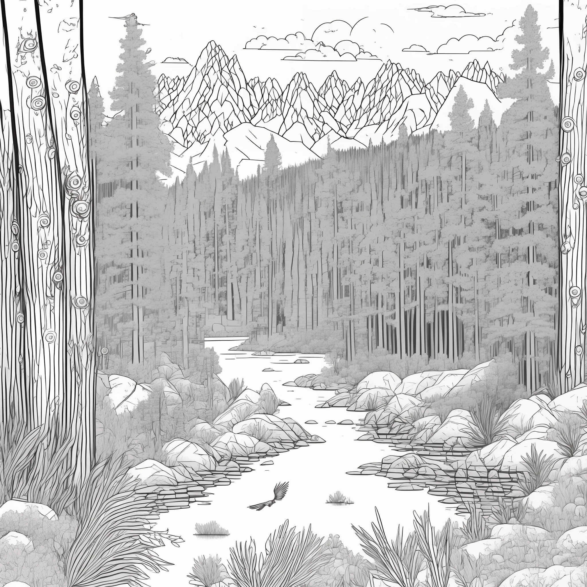 ((A beautiful landscape with a small river running in the valley, a pine forest on the banks of the river, high snowy mountains in the distance, birds flying)), intricate details, thin lines, simple, (white background), line art detailed, full page, on paper, black and white, flowers around, 8k resolution, coloring book for kids, perfecty anatomy, free lines,