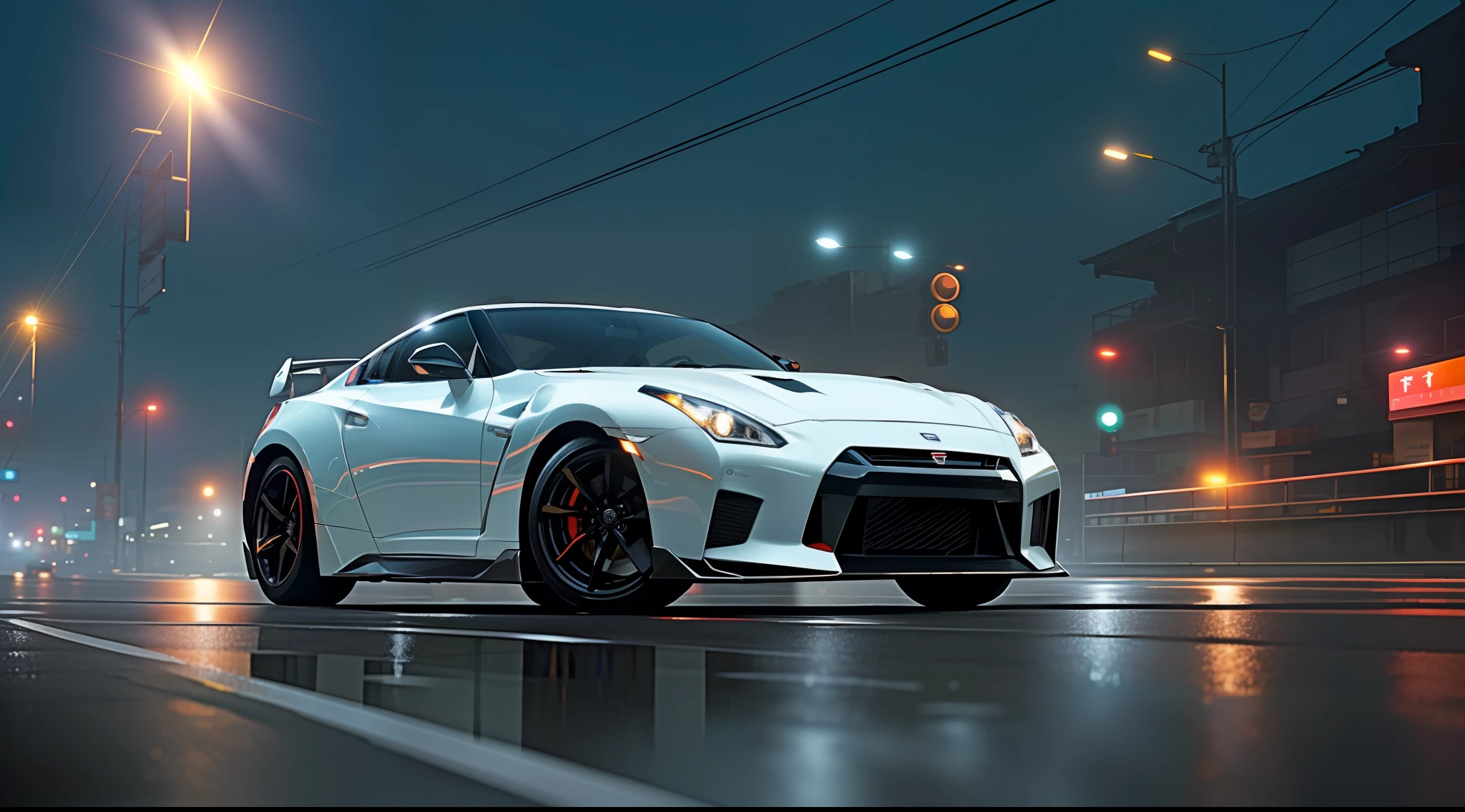 car pictures, perfect look, supercar, complex, (metal [gloss]), elegant, sharp focus, photo by Gregg Rutkowski, soft lighting, vivid colors, masterpiece, (street)), dynamic, combining Nissan GTR35 and Fairlady Z, clear sky, Shibuya intersection, foggy, atomsphere, night view and neon glowing view, full moon and lens flare,
