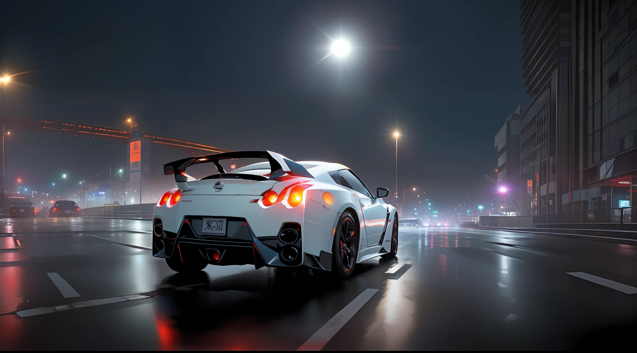 car pictures, perfect look, supercar, complex, (metal [gloss]), elegant, sharp focus, photo by Gregg Rutkowski, soft lighting, vivid colors, masterpiece, (street)), dynamic, combining Nissan GTR35 and Fairlady Z, clear sky, Shibuya intersection, foggy, atomsphere, night view and neon glowing view, full moon and lens flare,