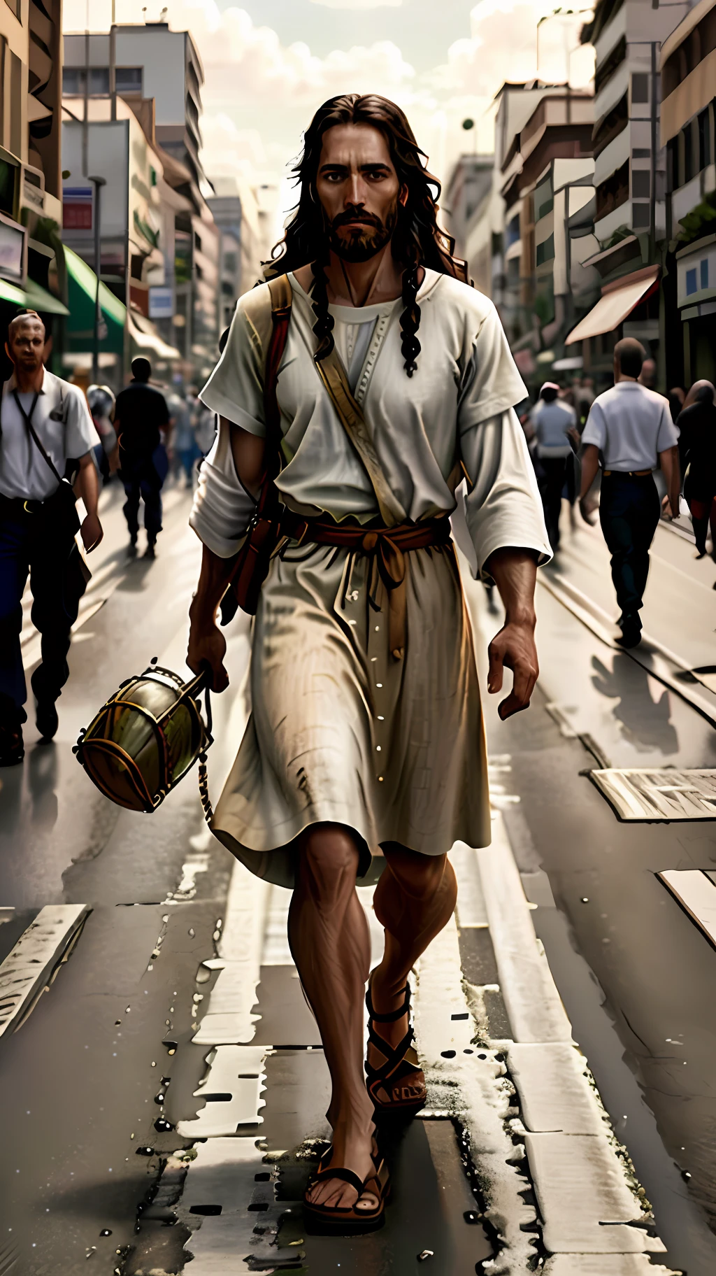 Jesus Christ beautiful and biblical, hyper realistic, walking the streets of Brazil.