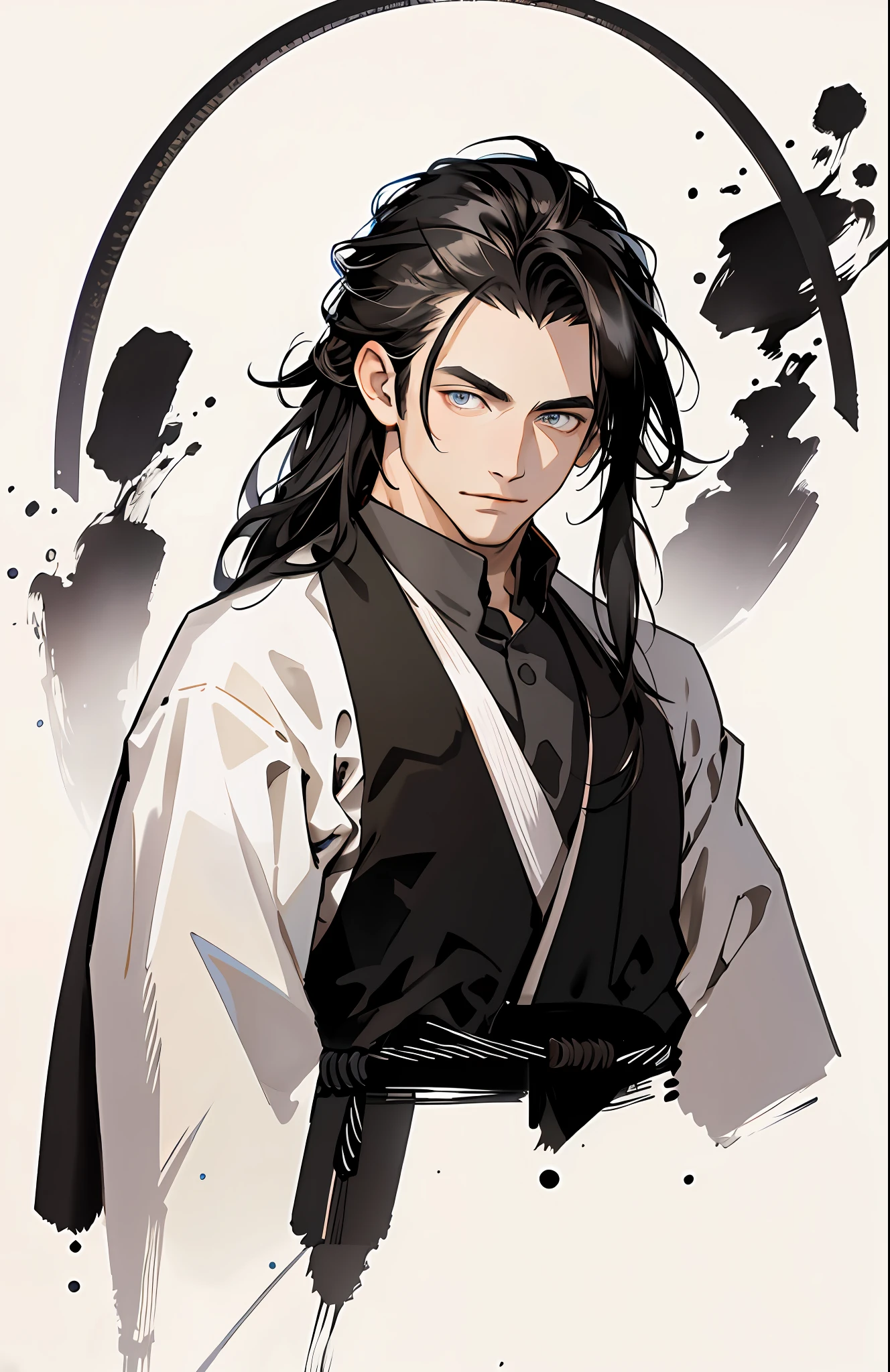 (Masterpiece, best quality) , 1 person, long-haired boy, delicate eyes, upper body, calligraphy brush, vivid hair, looking at the audience, (round background),