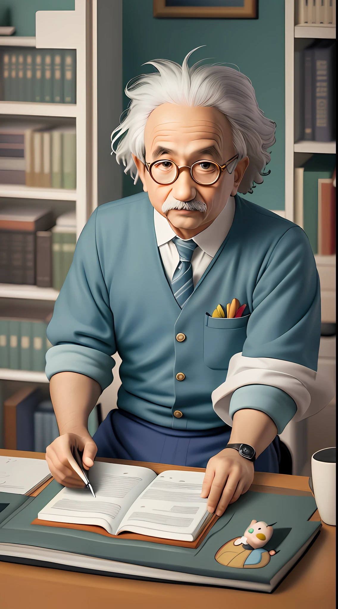 Albert Einstein as a cartoon boy sitting at a desk writing on a book, a character portrait inspired by Osamu Tezuka, Artstation contest winner, 1man, serial art, nerdy man character portrait, epic portrait illustration, rpg book portrait, official character illustration, in the style of sachin teng, jc leyendecker and sachin teng, rob rey and kentaro miura style