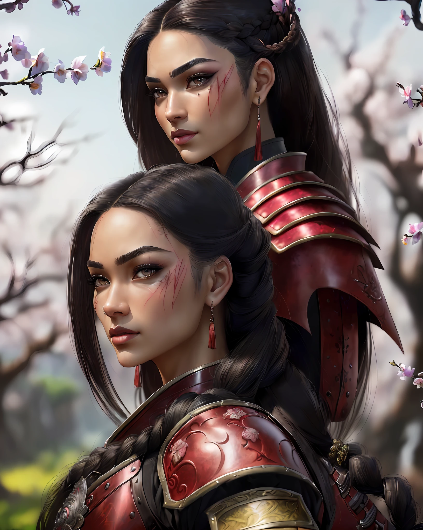 Bellabaron, beautiful woman, blonde hair, Spidergwen ((8k portrait of beautiful mixed Asian woman, side profile, masterpice, side lighting)), long hair, detailed light samurai armor, ((blood red armor, black interior)), cinematic lighting, cherry blossoms, ashes, dark, melancholy, award-winning photography, Popular on Deviant Art, Best of ArtStation, by WLOP, outdoors, (photo (full body), (wide-angle photo), (RAW,, Nikon Z 14mm ultra wide-angle lens, award-winning glamorous photography, ((best quality)), ((masterpiece)), ((realistic)), skin pores, subsurface scattering, radiant light rays, high resolution, detailed facial features, high detail, sharp focus, smooth, aesthetic, extremely detailed, (extremely detailed eyes, extremely detailed iris), extremely detailed candle hairs, extremely detailed eyebrows, extremely eyelashes detailed, extremely detailed hair, extremely detailed body, extremely detailed skin, extremely detailed clothes, stamp, octane rendering, foto_\(ultra\), photorealistic, realistic, post-processing, maximum detail, realistic shadows, roughness, natural skin texture, real life, ultra-realistic, photorealism, photography, 8k UHD, photography, hdr, intricate, elegant, highly detailed, sharp focus), ((stunning, gorgeous, cute), (sexy selfie, sexy underwear, sending a kiss, biting the lip, blinking, licking the lips, neckline selfie, low contrast), seductive smile, sexy smile, blush, eyeshadow, eyeliner, long lashes, immaculate matte makeup, intricate and detailed tattoos))Movie poster, ((braided hairstyle: 1.5)), Anime reference 86, science fiction, science fiction, science fiction, movies, war action movies, space, atmosphere, sky, Warship, various characters, women, adults, brown eyes, black hair, thick pink mouth full body