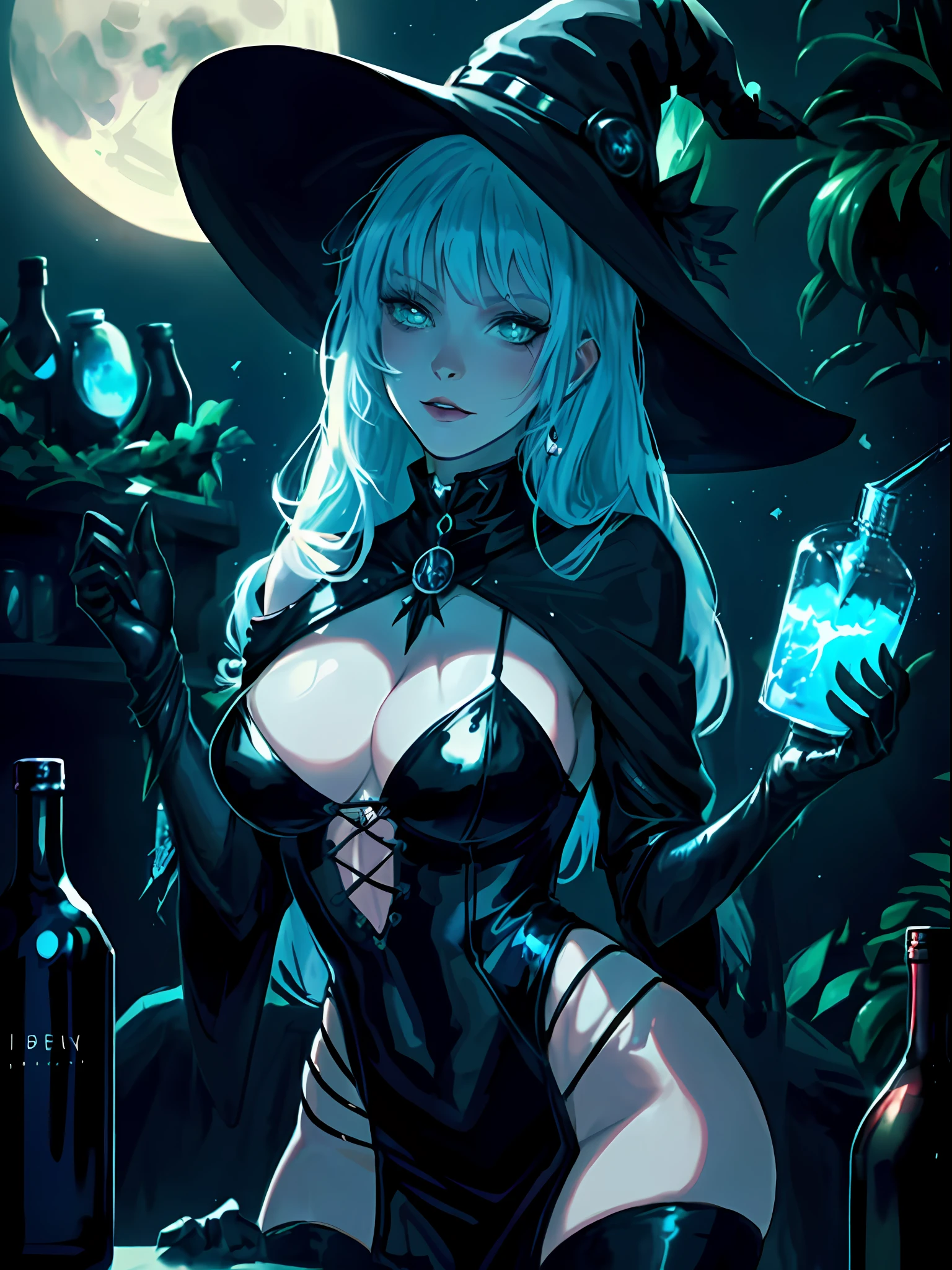 Witch woman, sexy clothes, black dress, messy, sparkling potions, fantasy atmosphere, render, neon potions, bottles, cauldron, black cat, luminous eyes, moon light, moon, gloomy, light, plant elements
