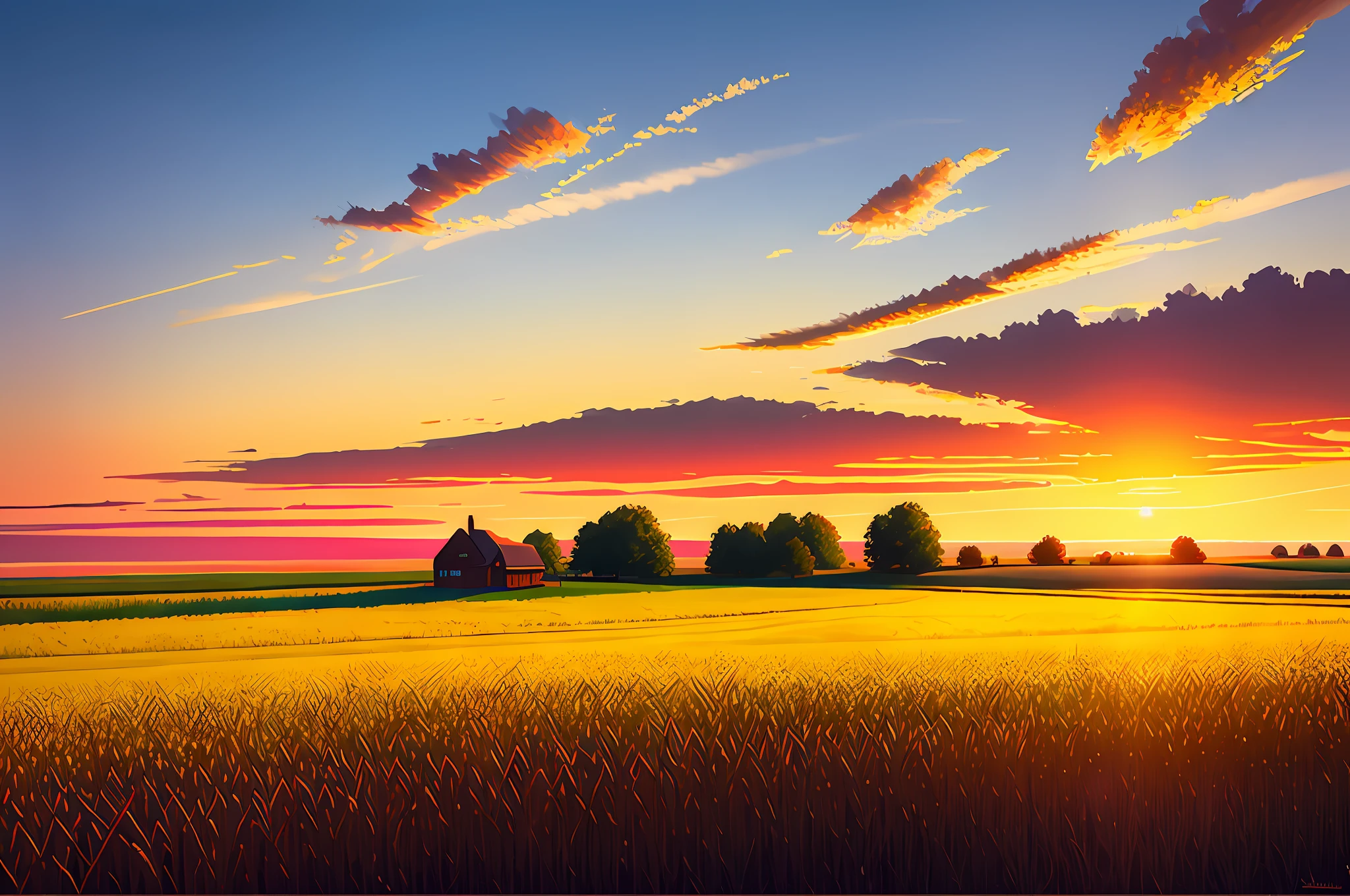 a corn field with some grains in the foreground, late summer, beautiful coloured sky, hyperrealistic digital concept art with edgy coarse brush strokes. concept art in the style of edward hopper and pixar.