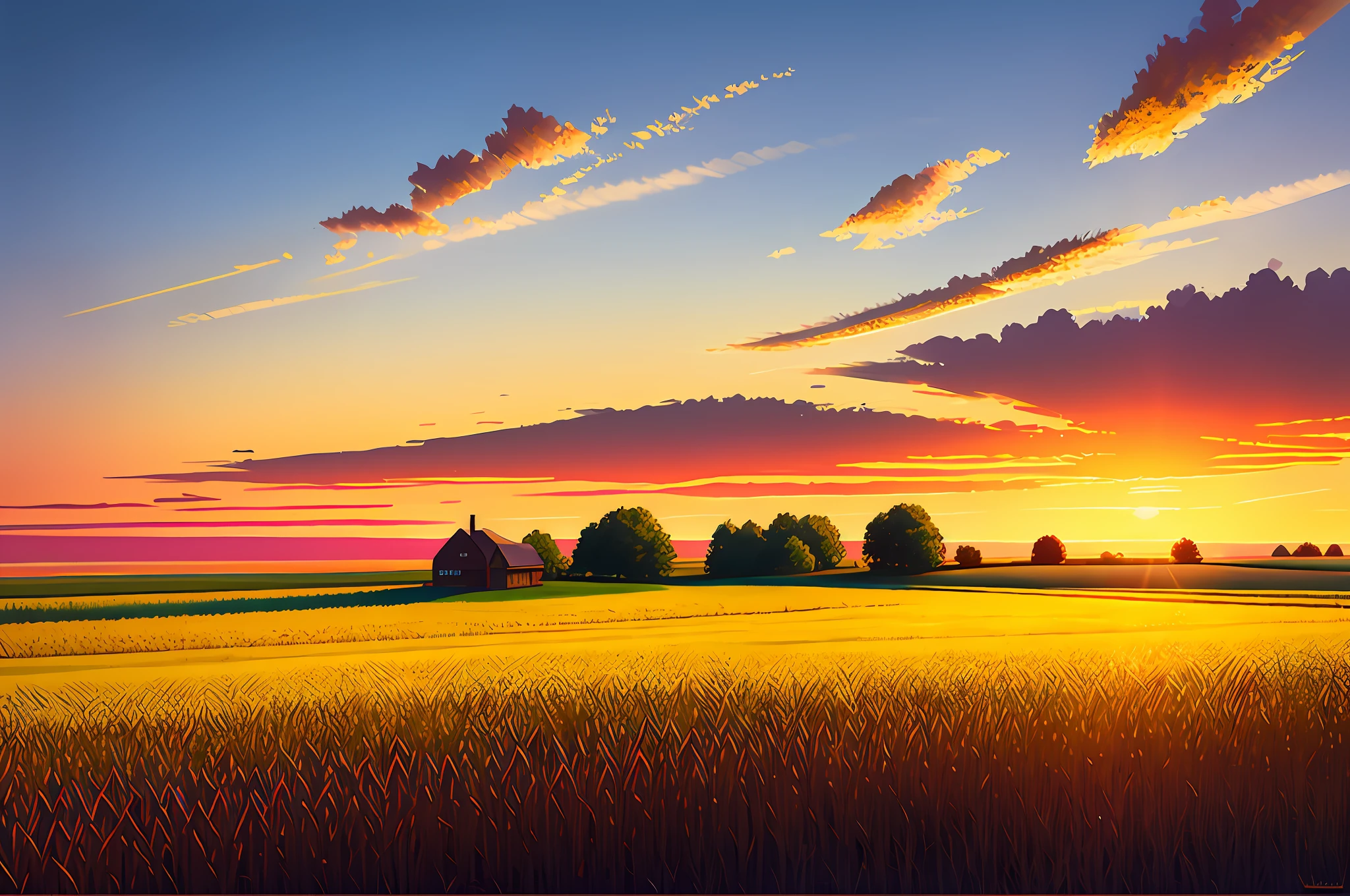 a corn field with some grains in the foreground, late summer, beautiful coloured sky, hyperrealistic digital concept art with edgy coarse brush strokes. concept art in the style of edward hopper and pixar.