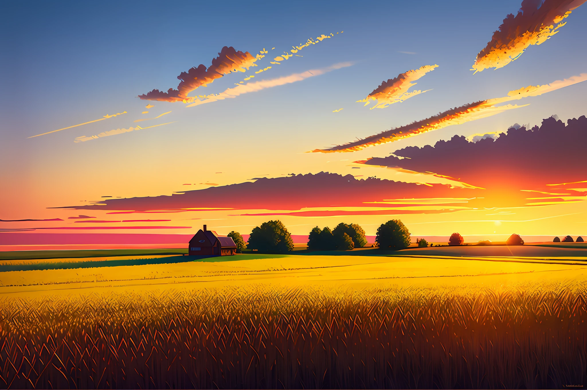 a corn field with some grains in the foreground, late summer, beautiful coloured sky, hyperrealistic digital concept art with edgy coarse brush strokes. concept art in the style of edward hopper and pixar.