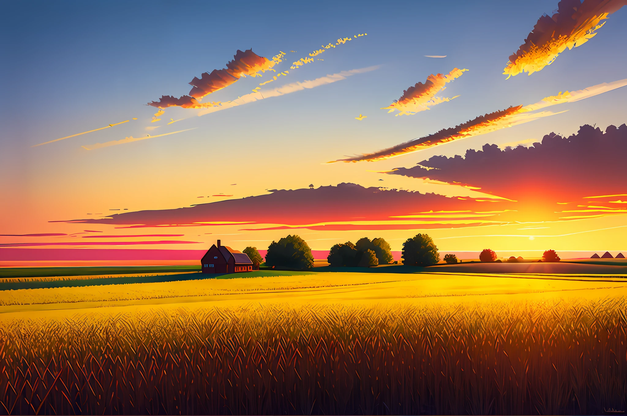 a corn field with some grains in the foreground, late summer, beautiful coloured sky, hyperrealistic digital concept art with edgy coarse brush strokes. concept art in the style of edward hopper and pixar.