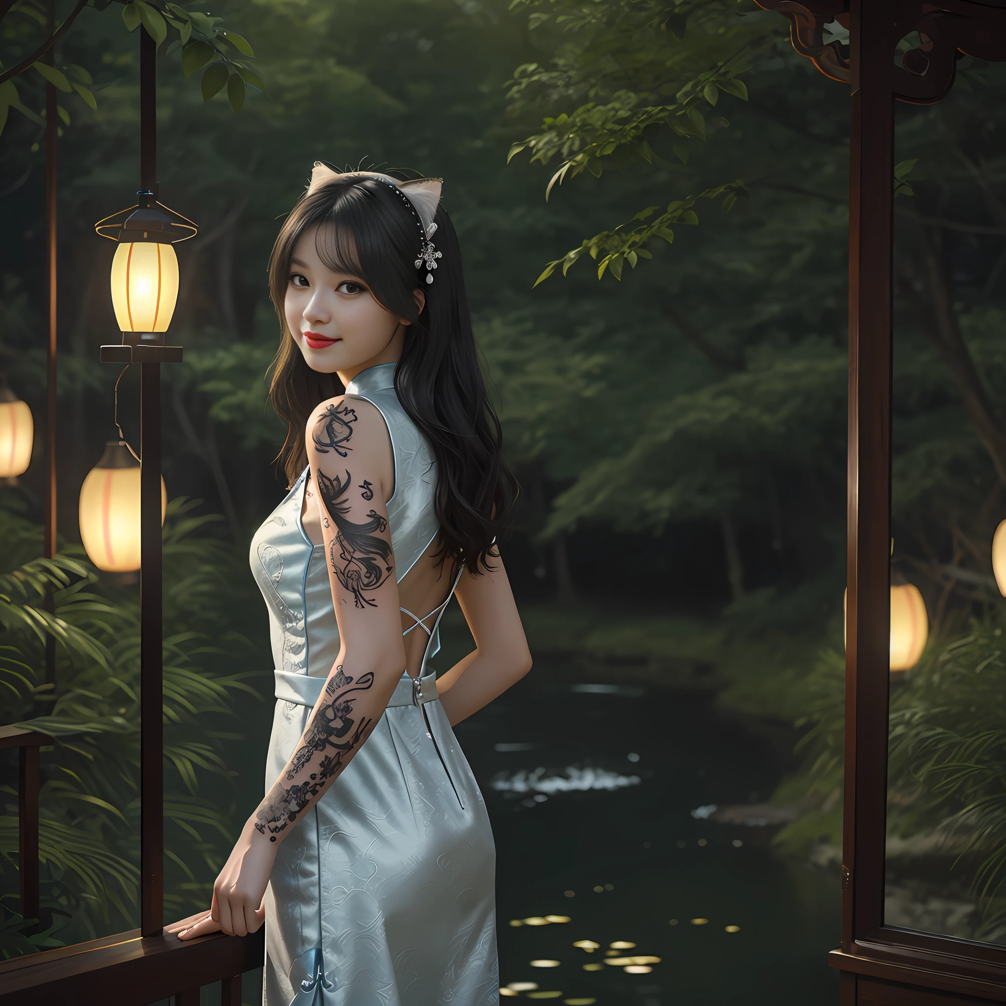 (Best Quality, Masterpiece: 1.4), (Realism: 1.2), (Absurdity: 1.2), 4K, Detailed, Ultra Detailed, Detailed Face, (Ultra Detailed Eyes: 1.2), Beauty, Lace Cheongsam, (Bare Back: 1.3), Smile, High Split End, Long Legs, Looking Back, Floating Long Black Hair, Cat Ears, Crawling Like a Cat, Mysterious Tattoos, Lanterns,