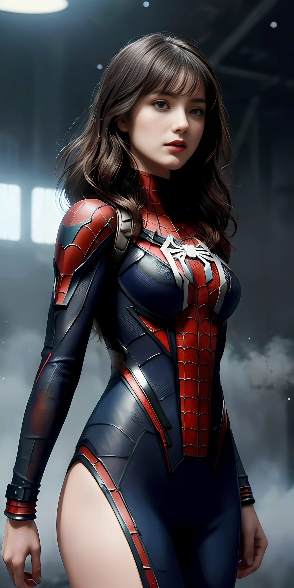 (1girl:1.3), Solo, (((Very detailed face)))), ((Very detailed eyes and face)))), Beautiful detail eyes, Body parts__, Official art, Unified 8k wallpaper, Super detailed, beautiful and beautiful, beautiful, masterpiece, best quality, original, masterpiece, super fine photo, best quality, super high resolution, realistic realism, sunlight, full body portrait, amazing beauty, dynamic pose, delicate face, vibrant eyes, (from the front), She wears a Spider-Man suit, red and black color scheme, spider, very detailed abandoned warehouse background, detailed face, detailed complex busy background, messy, gorgeous, milky white, highly detailed skin, realistic skin details, visible pores, clear focus, volumetric fog, 8k uhd, DSLR camera, high quality, film grain, fair skin, photo realism, lomography, background is futuristic space and interstellar battleships, seen from below, translucent
