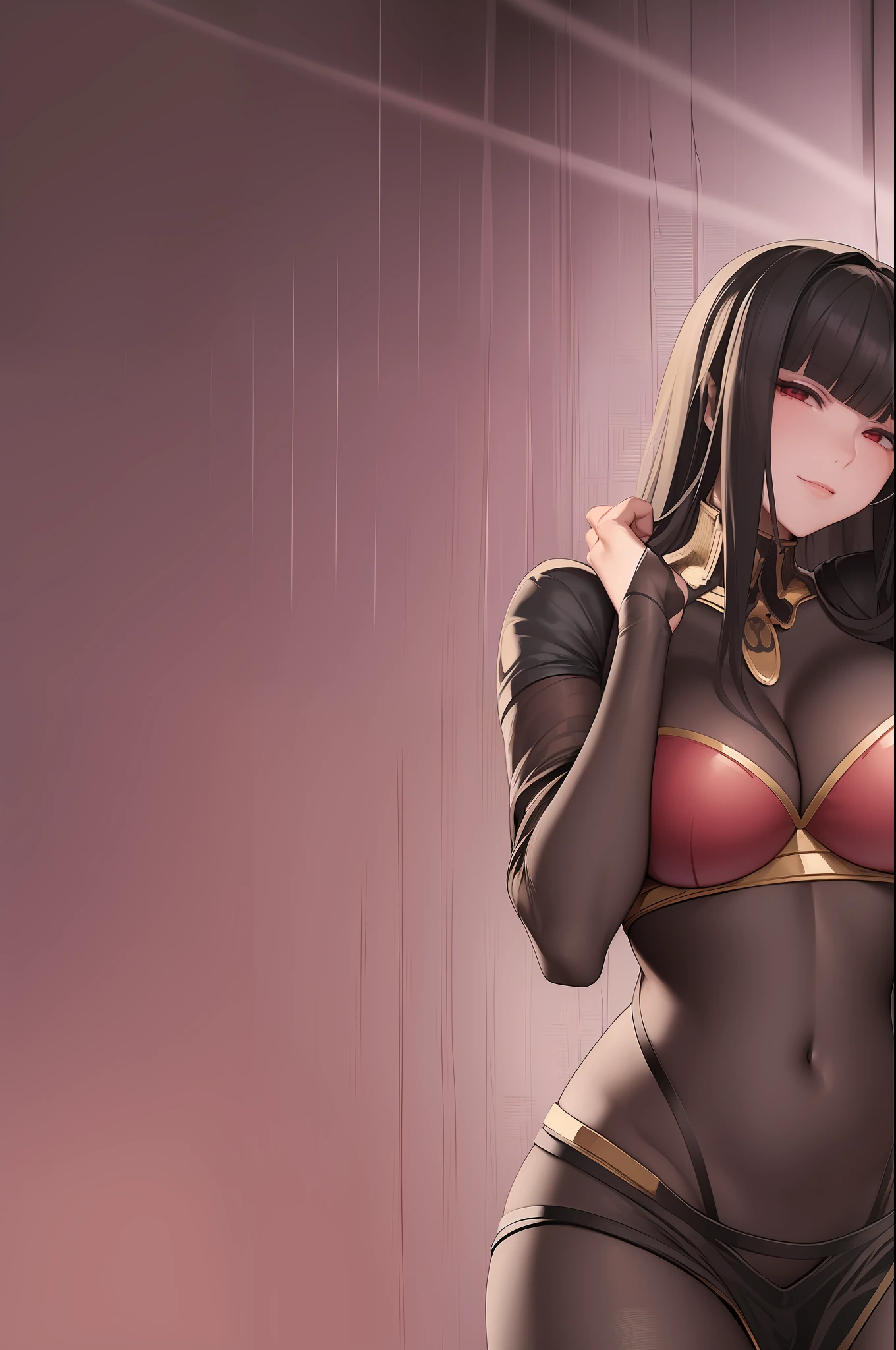 ((extreme detail)), (ultra-detailed), extremely detailed CG 3d unity 8k wallpaper, tharja, (large breasts), bodystocking, ((torn clothes)), lying, hand to own chin, looking at viewer, evil smile, wide hips, red bikini,