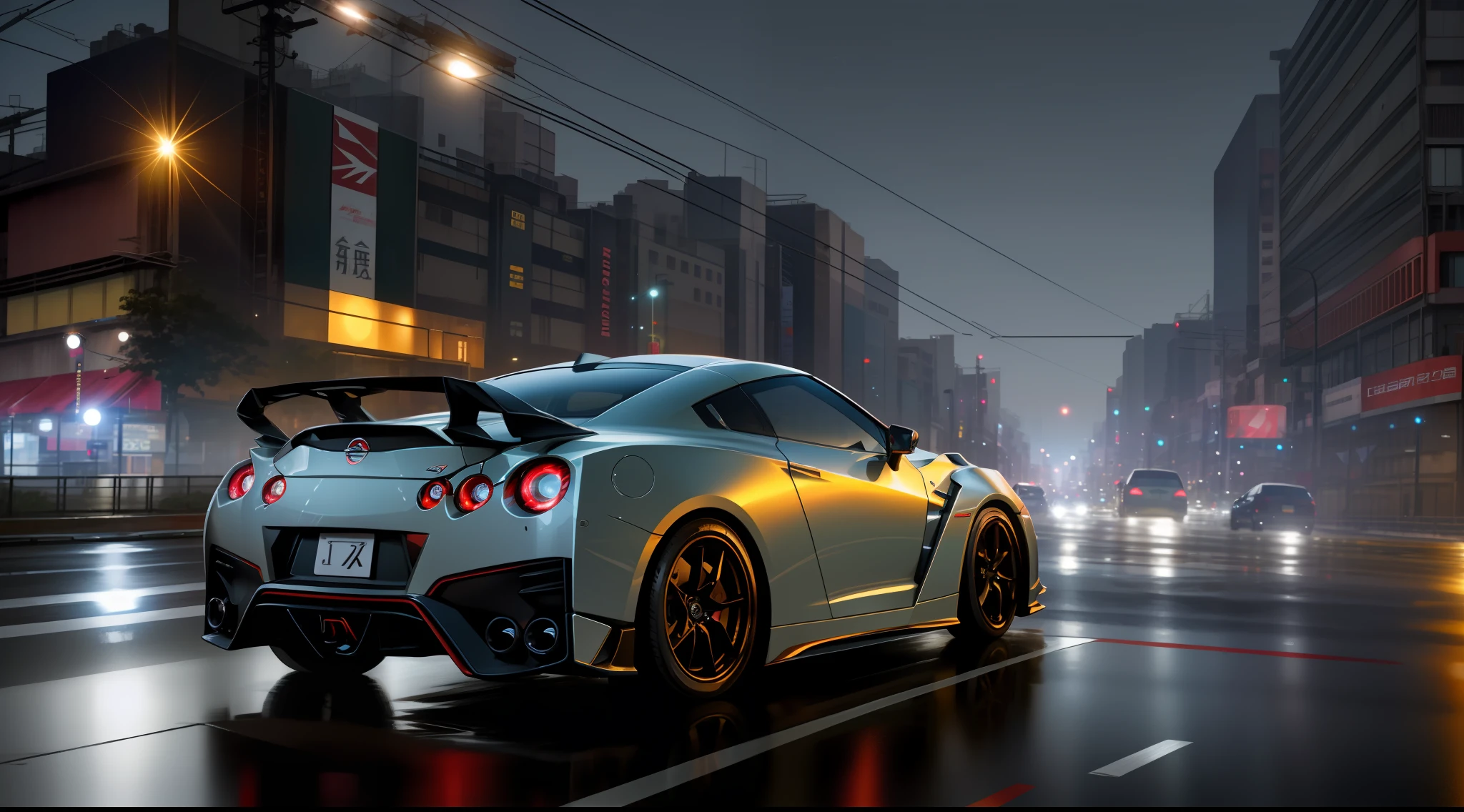 car pictures, perfect look, supercar, complex, (metal [gloss]), elegant, sharp focus, photo by Greg Rutkowski, soft lighting, vivid colors, masterpiece, (street)), dynamic, nissan GTR35 modified with a new model, Shibuya intersection, foggy, atomsphere, night view and neon light sparkling view, full moon and lens flare,