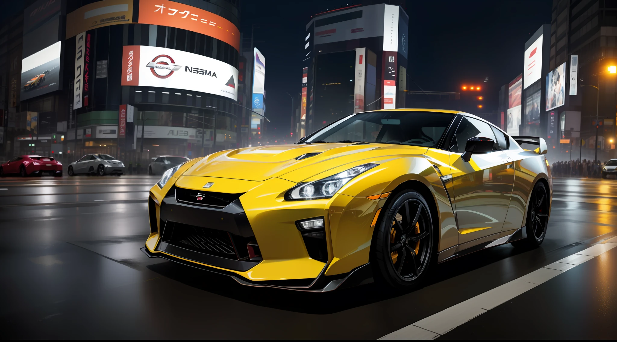 car pictures, perfect look, supercar, complex, (metal [gloss]), elegant, sharp focus, photo by Greg Rutkowski, soft lighting, vivid colors, masterpiece, (street)), dynamic, nissan GTR35 modified with a new model, Shibuya intersection, foggy, atomsphere, night view and neon light sparkling view, full moon and lens flare,