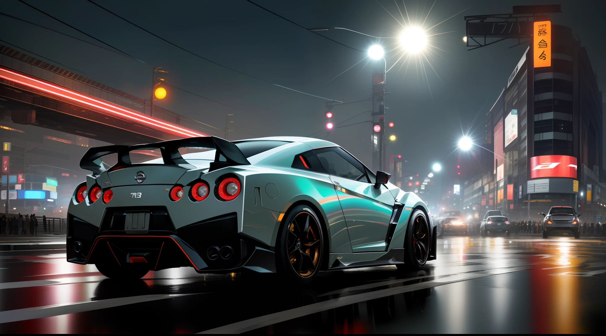 car pictures, perfect look, supercar, complex, (metal [gloss]), elegant, sharp focus, photo by Greg Rutkowski, soft lighting, vivid colors, masterpiece, (street)), dynamic, nissan GTR35 modified with a new model, Shibuya intersection, foggy, atomsphere, night view and neon light sparkling view, full moon and lens flare,