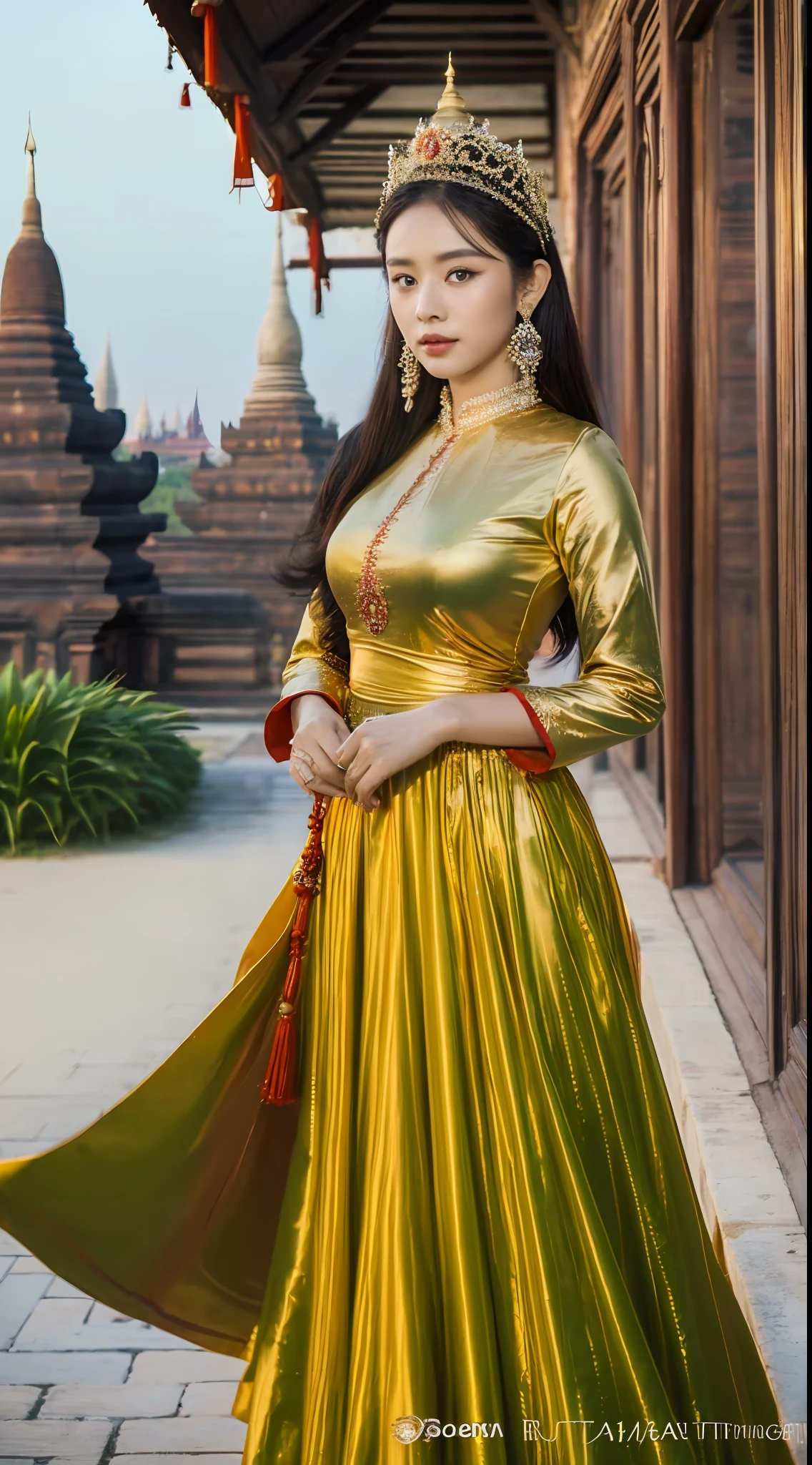 (best quality ), 18 year beautiful girl,full body, bagan royal queen tratitional dress, (old myanmar bagan pagoda in background), shoot the Sony a7iii,3.5 mm Lens, f 1.4 apature, sun set light , side-shoot, realistic, skin texture is very detail ,