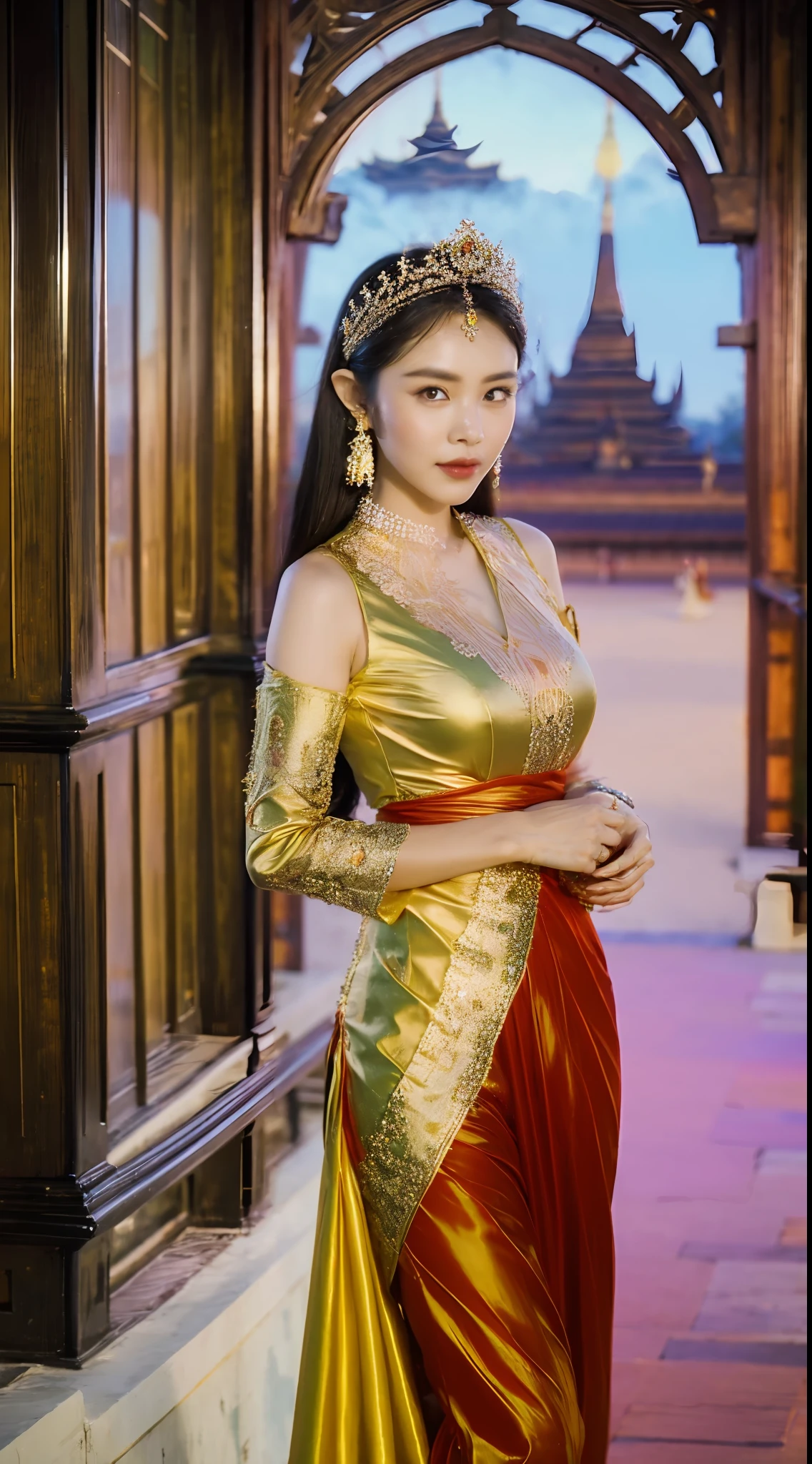 (best quality ), 18 year beautiful girl,full body, bagan royal queen tratitional dress, (old myanmar bagan pagoda in background), shoot the Sony a7iii,3.5 mm Lens, f 1.4 apature, sun set light , side-shoot, realistic, skin texture is very detail ,