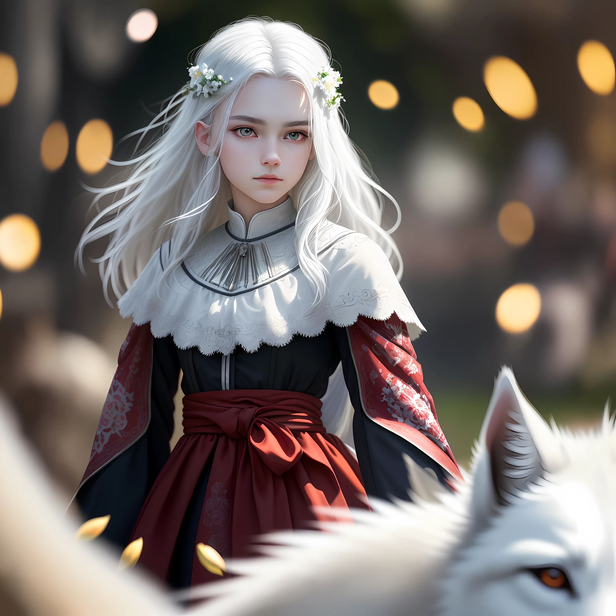 masterpiece, best quality, (realistic: 1.3), highest quality, bust shot, cinematic lighting, highly detailed, sharp focus, extremely detailed, ultra realistic, depth of field, bokeh, global lighting, volumetric lighting, subsurface scattering, caustic, flower, [reflections], [shadows], teenager, white hair, red eyes, with a white wolf next to him