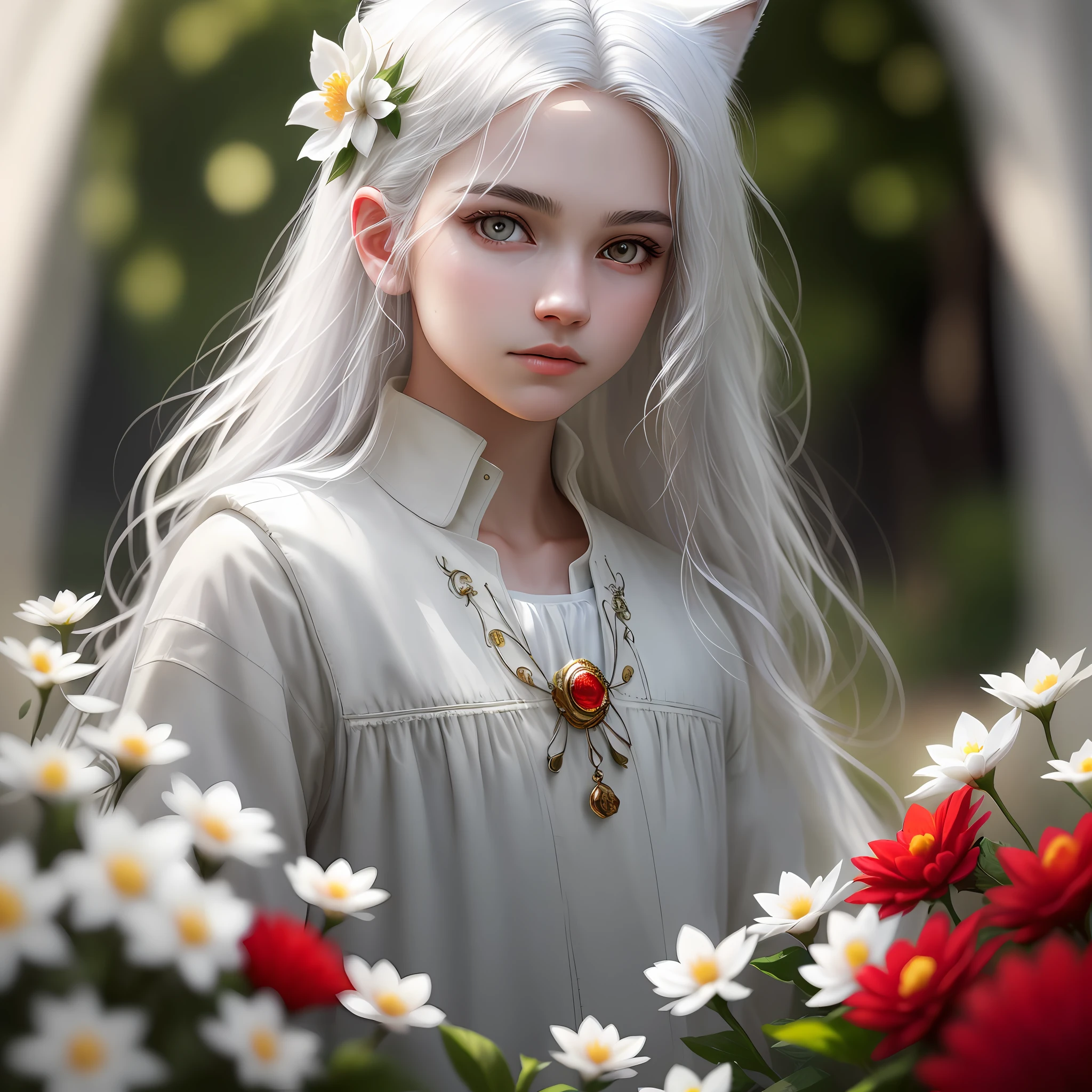 masterpiece, best quality, (realistic: 1.3), highest quality, bust shot, cinematic lighting, highly detailed, sharp focus, extremely detailed, ultra realistic, depth of field, bokeh, global lighting, volumetric lighting, subsurface scattering, caustic, flower, [reflections], [shadows], ager, white hair, red eyes, with a white wolf next to him