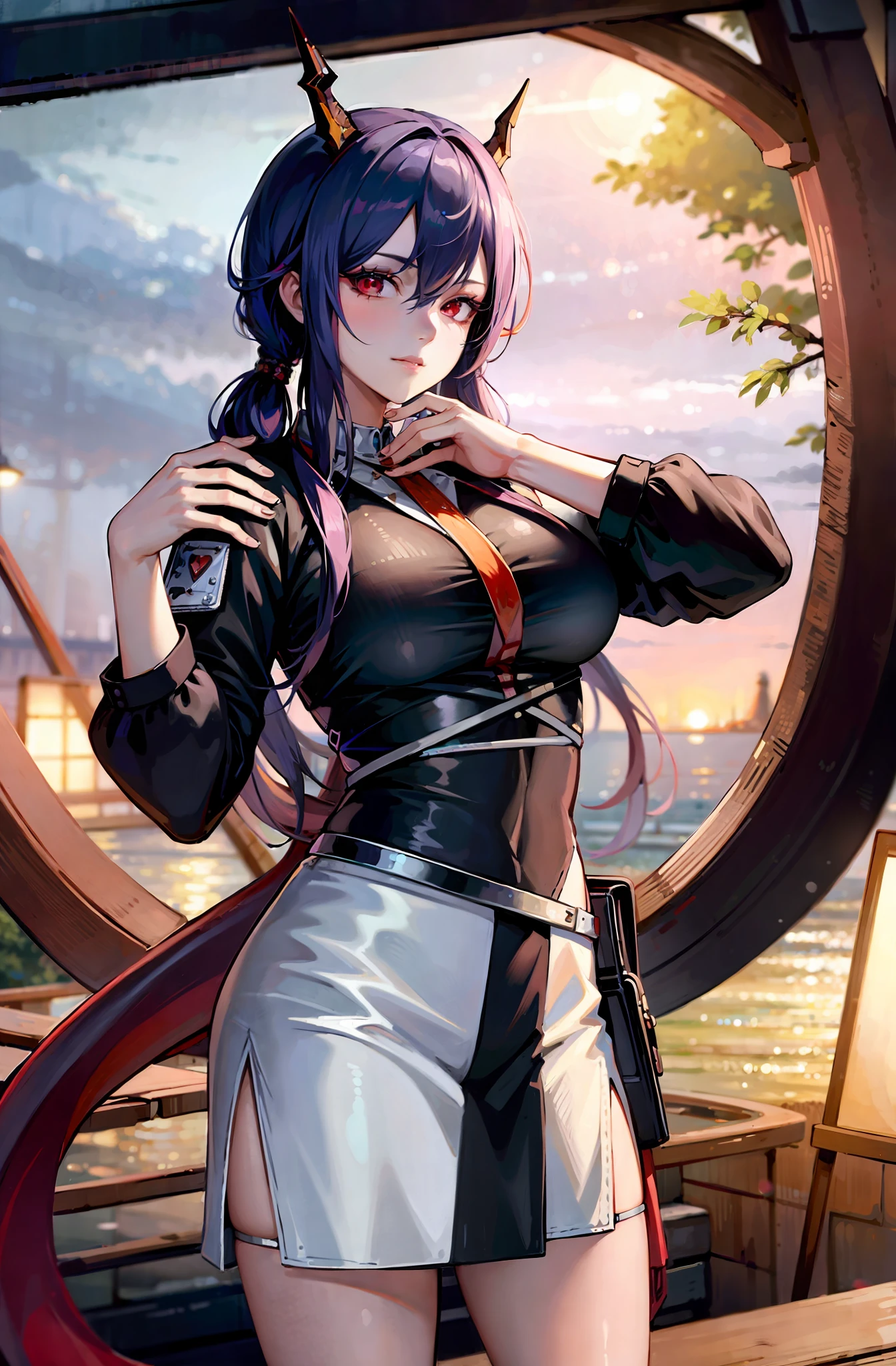 (Masterpiece:1.4), (best quality:1.4), (ultra highres:1.4),1girl, extremely detailed,8k, (ulzzang-6500:0.1), beautiful, detailed eyes, (origen:1.2), ch'en \(arknights\), looking at viewer, (fashi-girl:1.0), realistic, makeup, cowboy shot, black shorts, red eyes, gigantic breast
