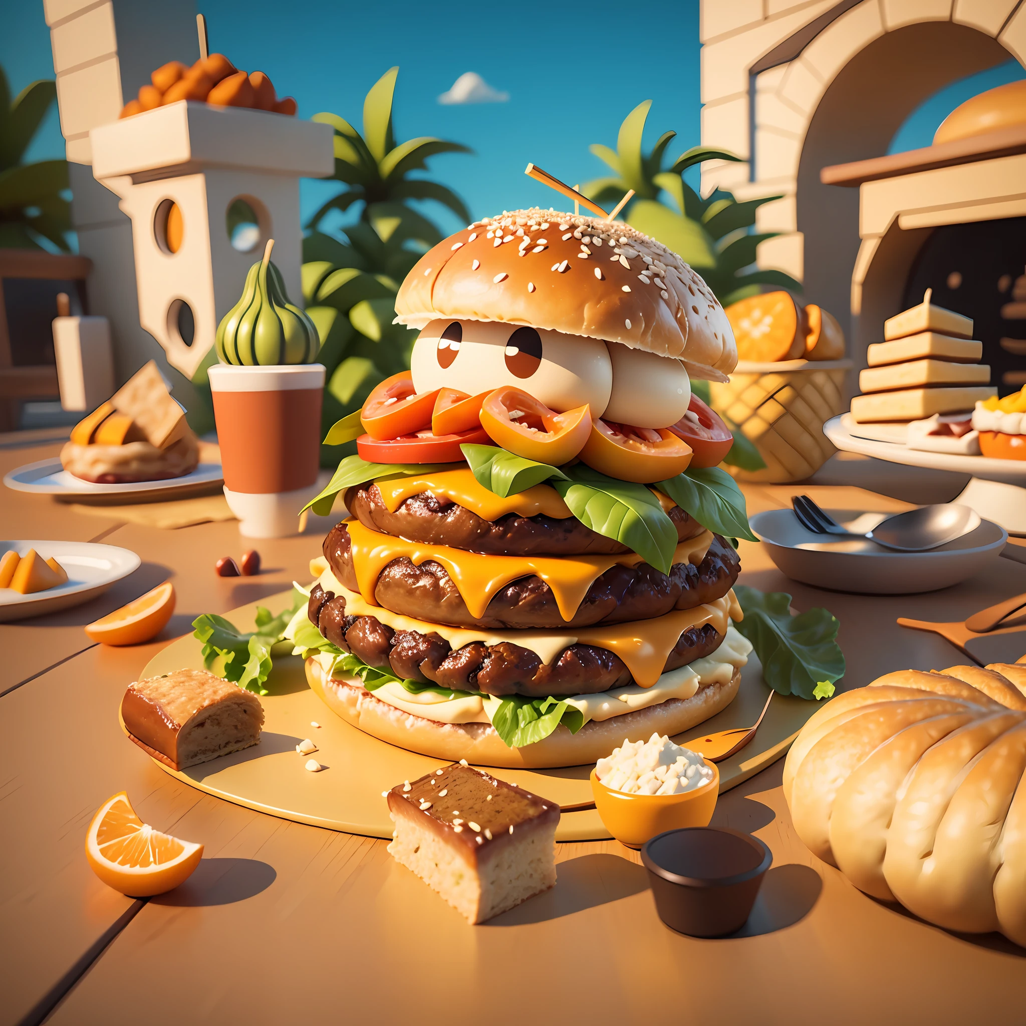 Cartoon style, game scene ambience, Pixar style, an oversized 5-layer (hamburger) with (crab leg), orange cheese slices, pineapple pulp, butter, meatloaf filling, flour, sesame seeds on bread, salad dressing, restaurant for the night, casual play style, low poly, lowpoly, best detail, 3D, masterpiece, best quality, Unreal Engine, cartoon rendering, 8K