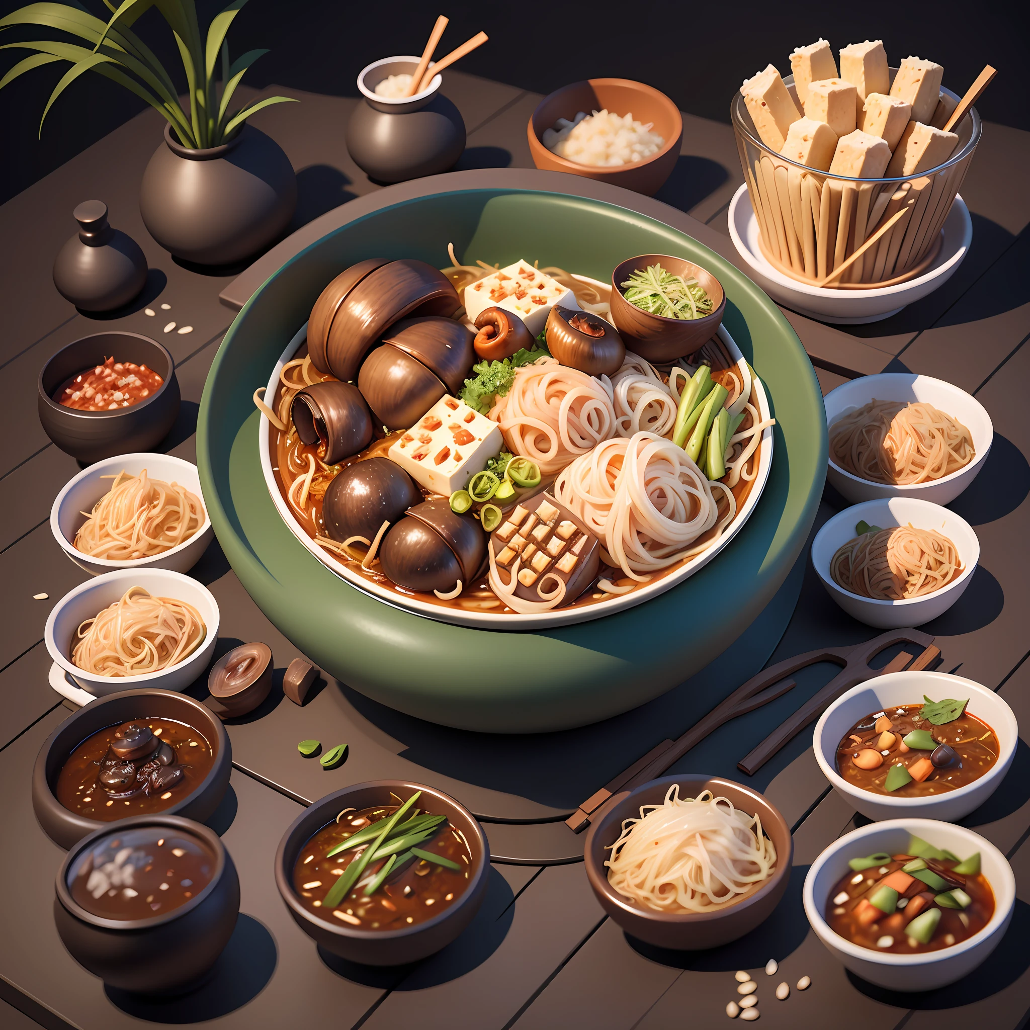 Cartoon style, game scene atmosphere map, Pixar style, a bowl of spicy snails (rice noodles), rice noodles with crushed chili, green onion, black fungus, snail meat, tofu skin, a few plates of other delicacies on the table, cold coleslaw, kelp shreds, soup bowls, glass drink cups, restaurant at night, casual play style, low poly, lowpoly, best detail, 3d, masterpiece, best quality, Unreal Engine, cartoon rendering, 8K