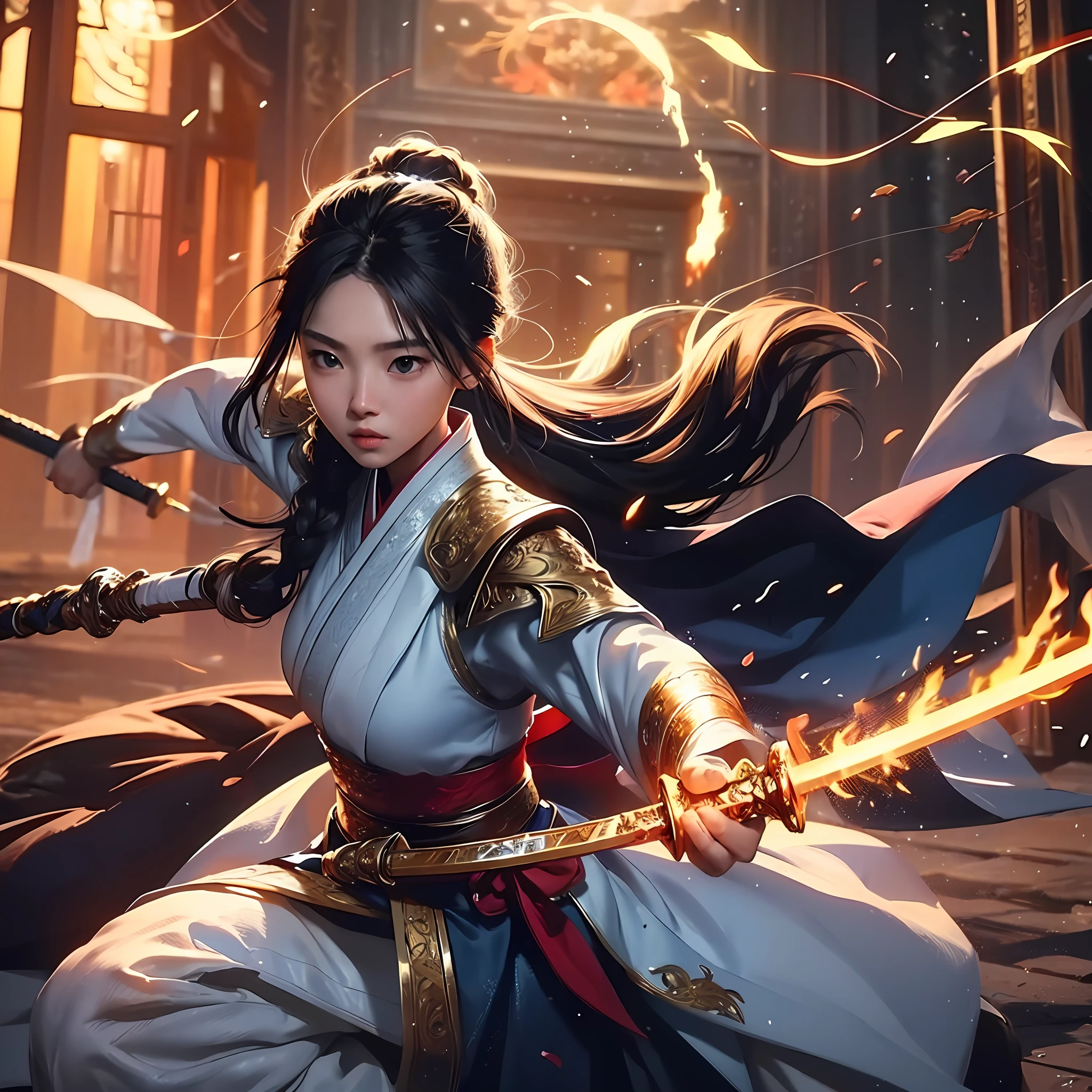 Masterpiece, best quality, realistic, (1 girl: 1.3), holding a sword, blue gold white clothes, full body, martial arts, dynamic, flame, lightning, winding, particles