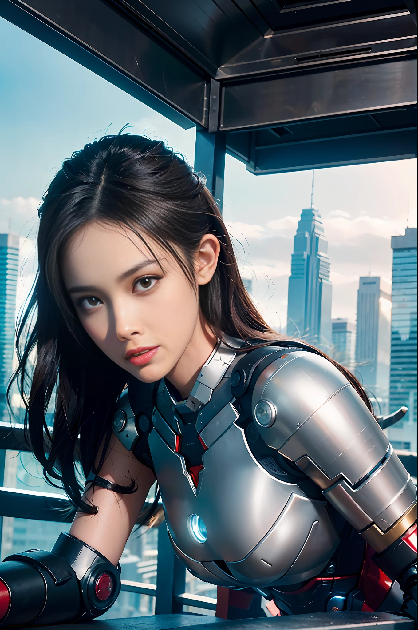 RAW, Masterpiece, Ultra Fine Photo,, Best Quality, Ultra High Resolution, Photorealistic, Sunlight, Full Body Portrait, Stunningly Beautiful,, Dynamic Poses, Delicate Face, Vibrant Eyes, (Side View) , she is wearing a futuristic Iron Man mech, very detailed background, detailed face, detailed busy background, messy, gorgeous, milky, high detailed skin, realistic skin details, visible pores, sharp focus, volume Fog, 8k uhd, dslr, high quality, film grain, fair skin, photorealism, lomography, sprawling metropolis in a futuristic dystopia, view from below, translucent