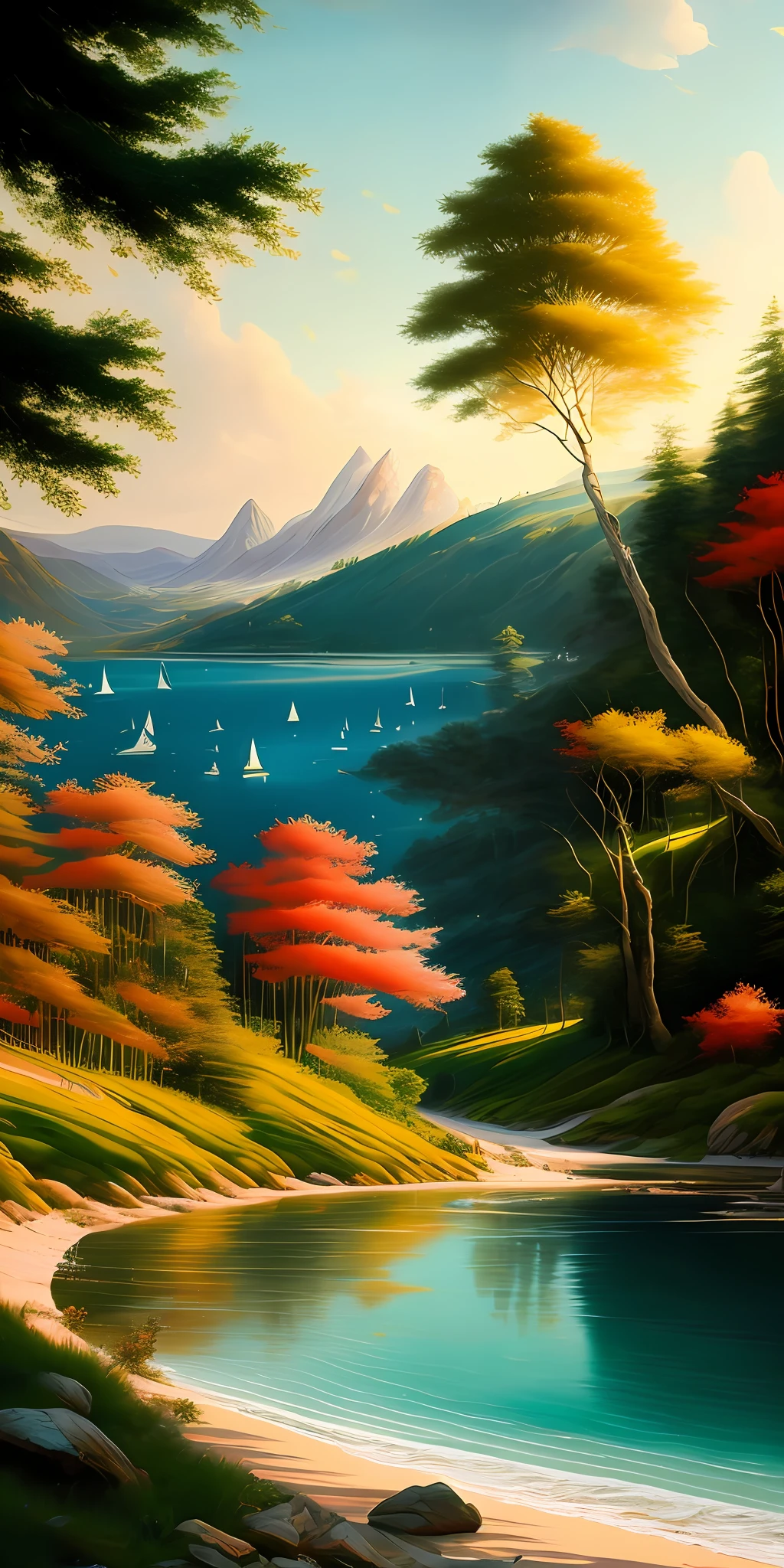 "A wonderful and detailed landscape, with masterpiece quality, in a beautiful and elegant artistic style, such as the painting of (Greg Rutkowski and Sandro Botticelli), highlighting the vibrant and rich color palette. The scenes depict a natural and picturesque setting that displays the beauty and tranquility of nature, capturing all the splendor and detail in high resolution, while creating a fluctuating and dynamic feel to the composition."