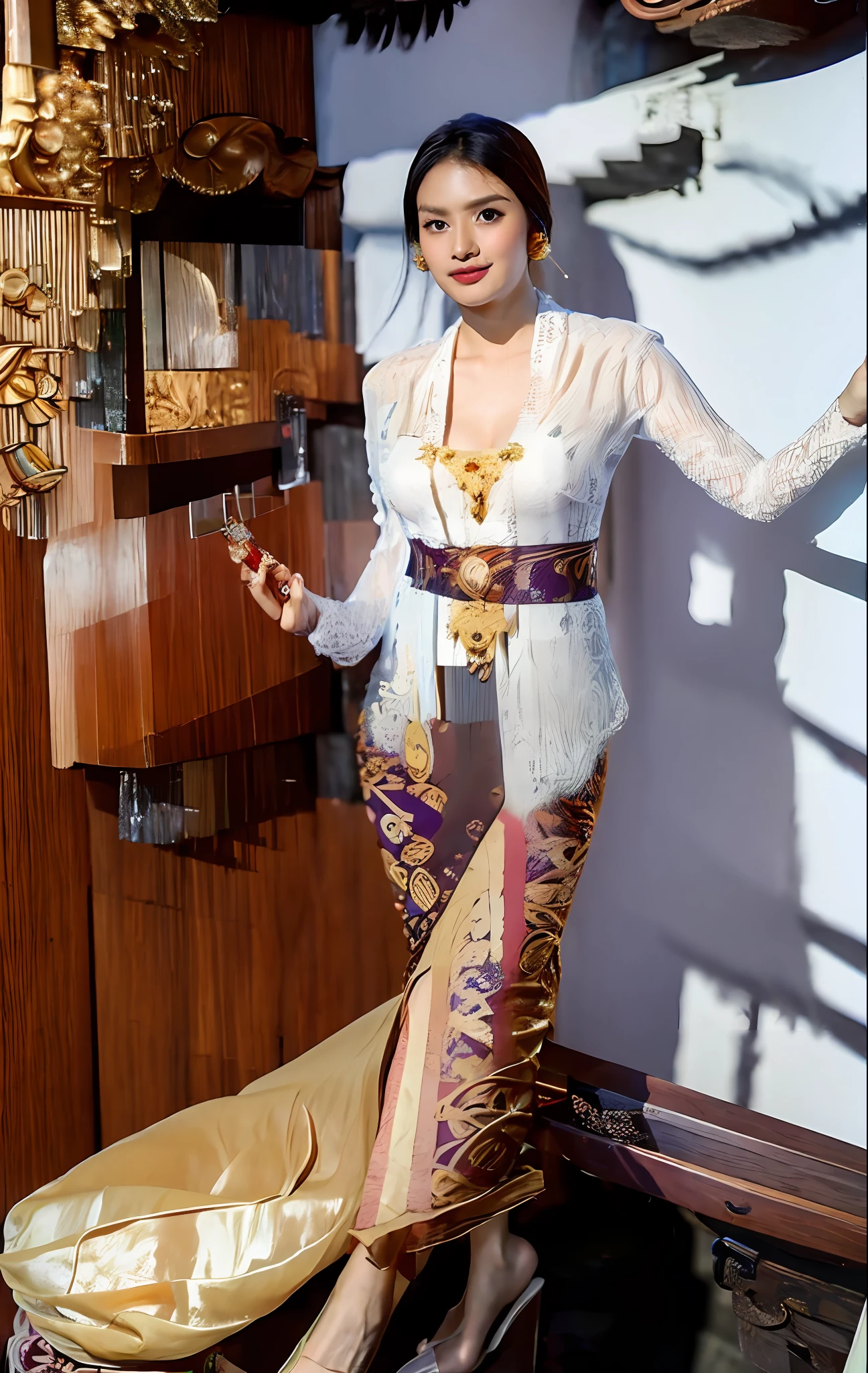 Cute 20 years old, masterpiece, best quality,1girl, solo, long hair, looking at viewer, black hair, realistic shadow, ultra-detailed, detailed face, natural makeup, temple in bali,long sleeves ,dress, jewelry, gold necklace, standing, ring, undressing, realistic, closed mouth,full body, (huge breast:1.4), bali,balinese, high heels, indonesian clothes, white transparent kebaya bali, (transparent clothes:1.3),