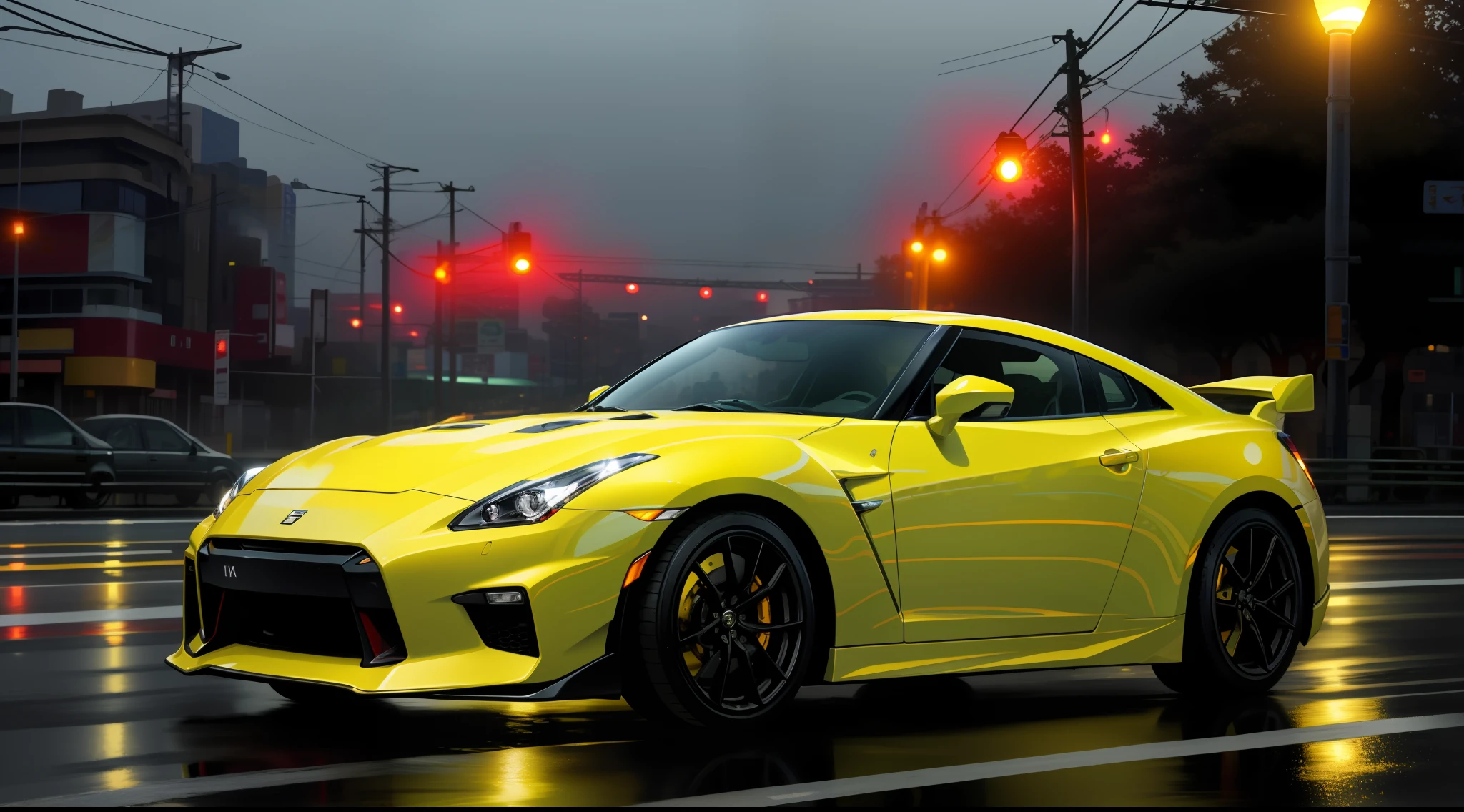 car pictures, perfect look, supercar, complex, (metal [gloss]), elegant, sharp focus, photo by Gregg Rutkowski, soft lighting, vivid colors, masterpiece, (street)), dynamic, combining Nissan GTR35 and Fairlady Z, clear sky, Shibuya intersection, foggy, atomsphere, night view and neon glowing view, full moon and lens flare, The tail lights are combined into one left and right, the side skirts are smooth, the wheels are golden yellow and glow with lights, water splashes, precise appearance imitation, the lamps glow,