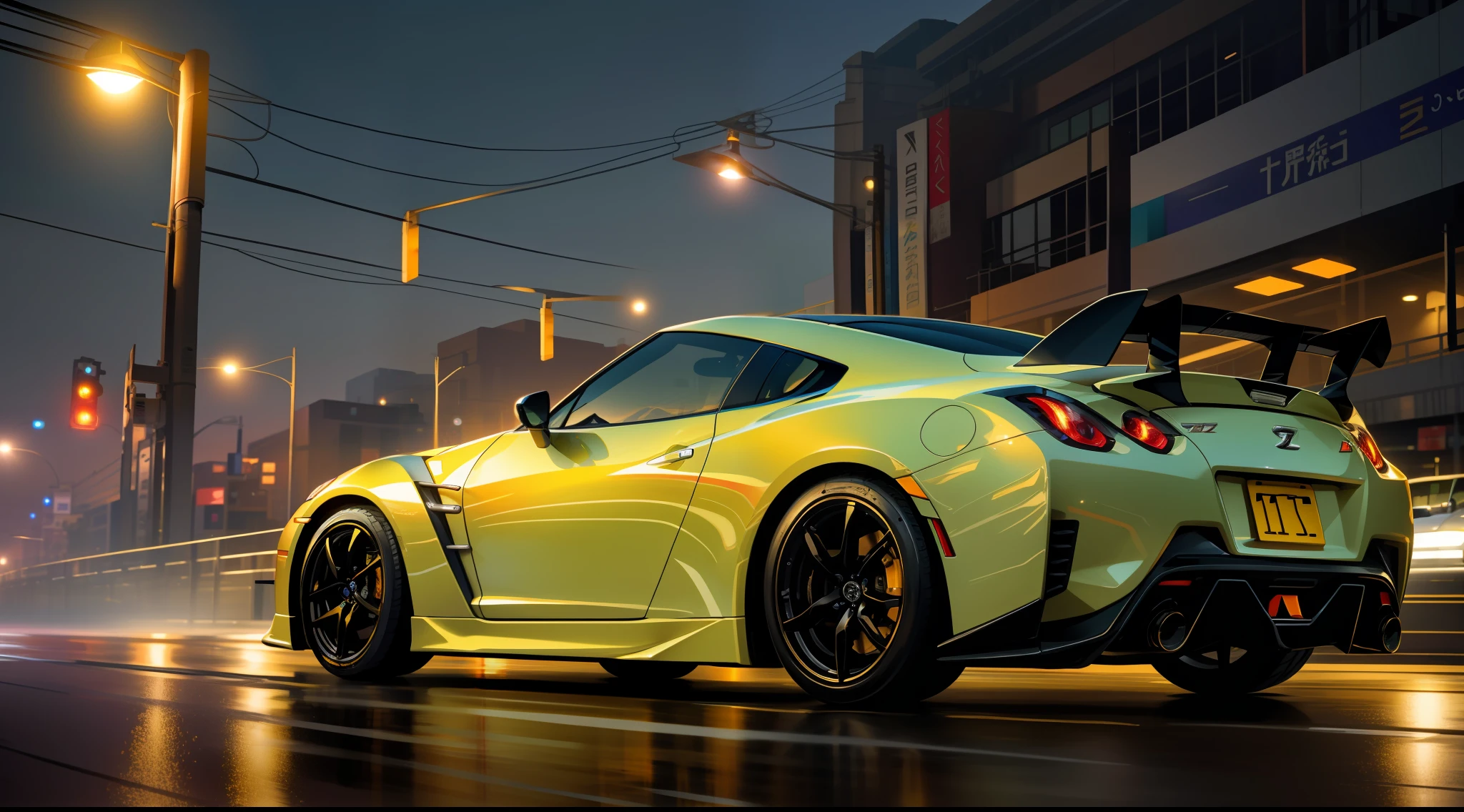 car pictures, perfect look, supercar, complex, (metal [gloss]), elegant, sharp focus, photo by Gregg Rutkowski, soft lighting, vivid colors, masterpiece, (street)), dynamic, combining Nissan GTR35 and Fairlady Z, clear sky, Shibuya intersection, foggy, atomsphere, night view and neon glowing view, full moon and lens flare, The tail lights are combined into one left and right, the side skirts are smooth, the wheels are golden yellow and glow with lights, water splashes, precise appearance imitation, the lamps glow,