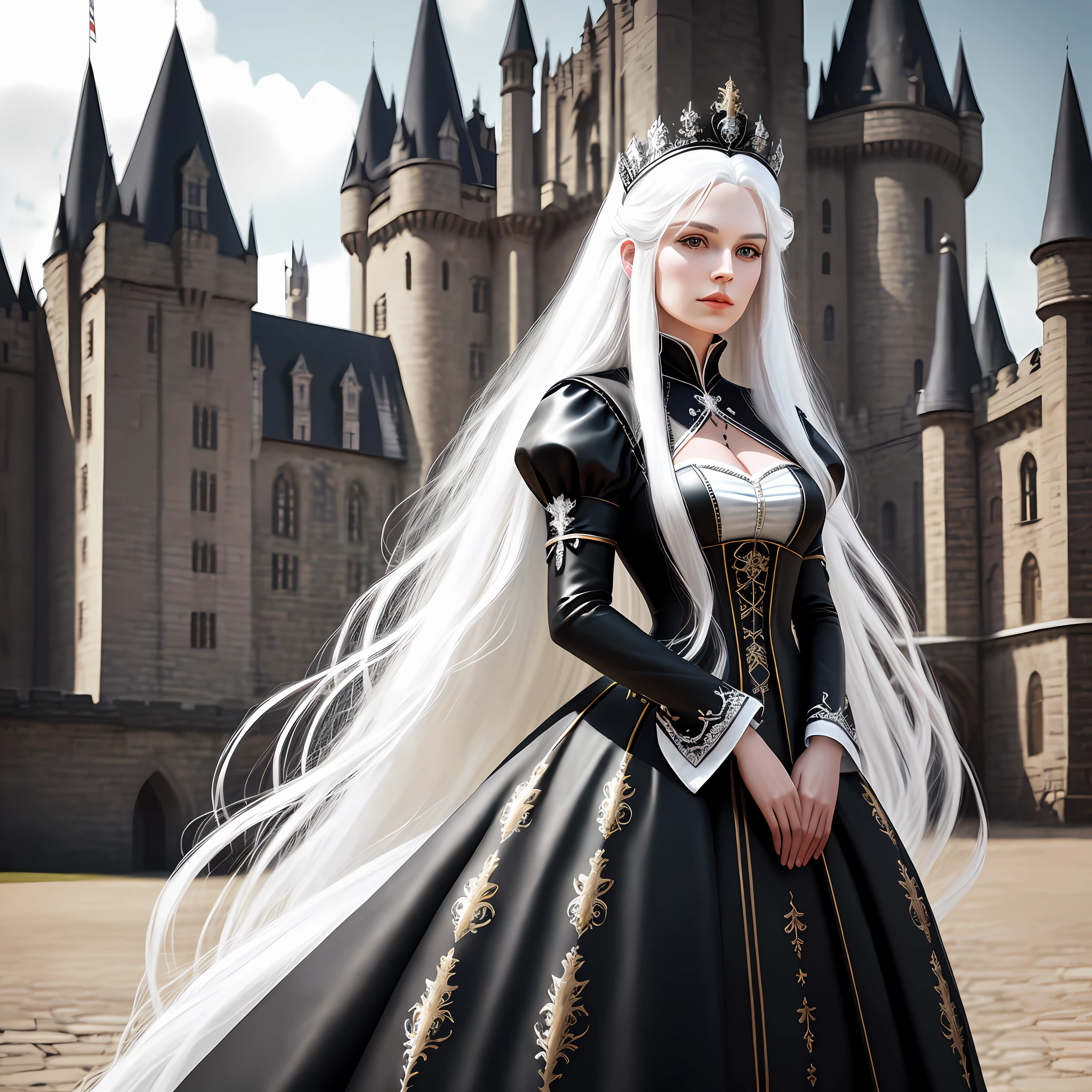Royal woman, long white hair, princess, black dress, leather dress with fuzzy adornments, castle background, photorealistic, 8k,hyper realistic