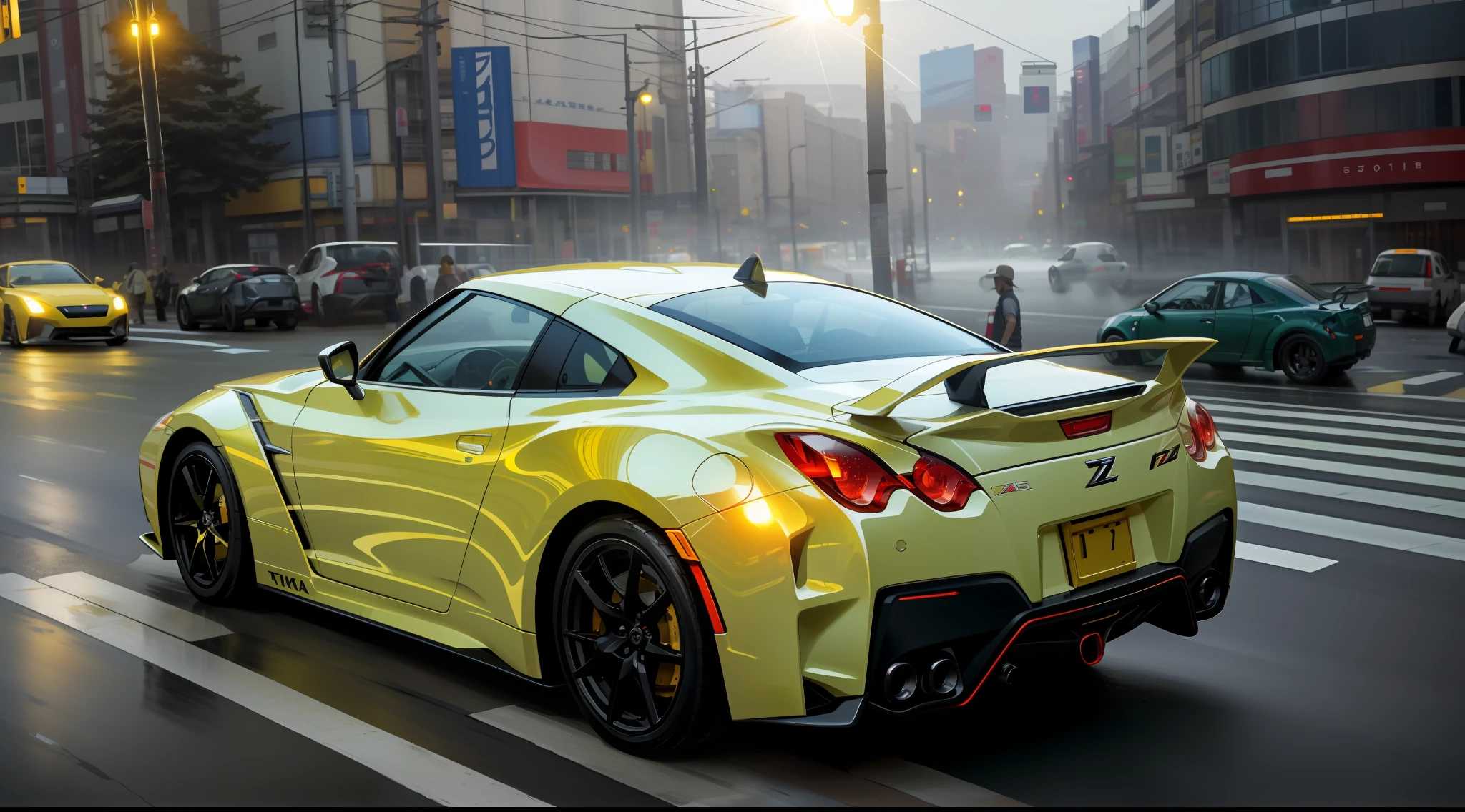 car pictures, perfect look, supercar, complex, (metal [gloss]), elegant, sharp focus, photo by Gregg Rutkowski, soft lighting, vivid colors, masterpiece, (street)), dynamic, combining Nissan GTR35 and Fairlady Z, clear sky, Shibuya intersection, foggy, atomsphere, night view and neon glowing view, full moon and lens flare, The tail lights are combined into one left and right, the side skirts are smooth, the wheels are golden yellow and glow with lights, water splashes, precise appearance imitation, the lamps glow,