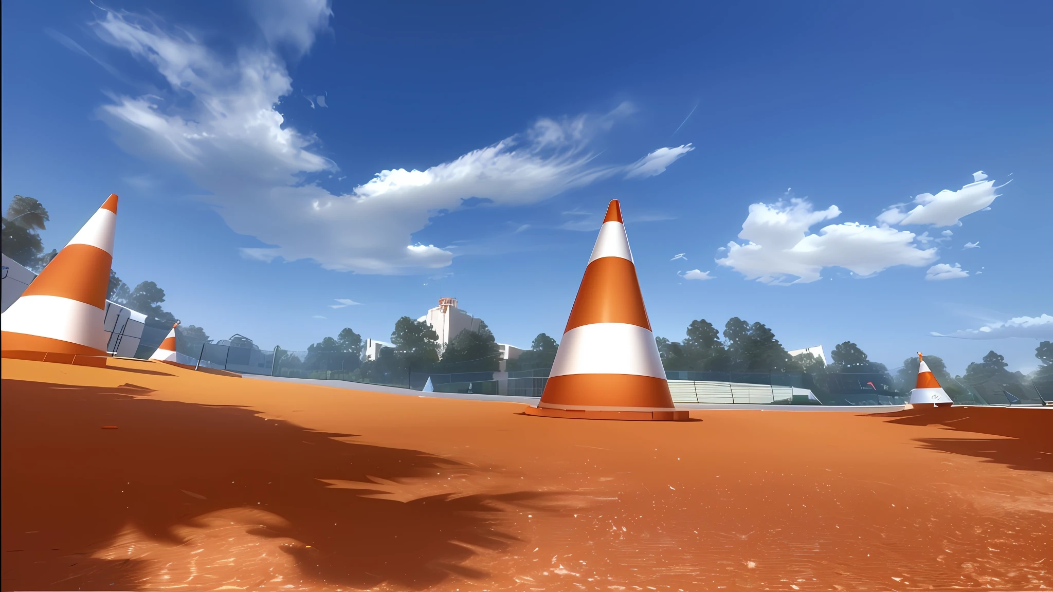 there are many orange and white cones on the ground, cone, vlc screenshot, light cone, volley court background, depicted as a 3 d render, 3 d cg, 3d cg, rendered illustration, rendered in cinema 4 d, rendered in cinema4d, pre-rendered, highly detailed 3d render, highly detailed 3 d render, cone shaped