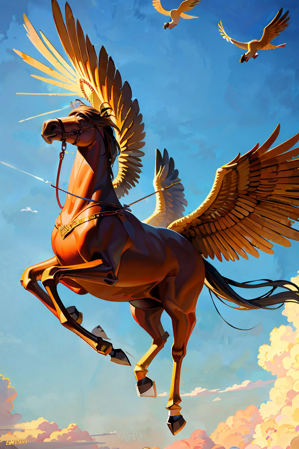 A flying horse with golden wings in realistic style